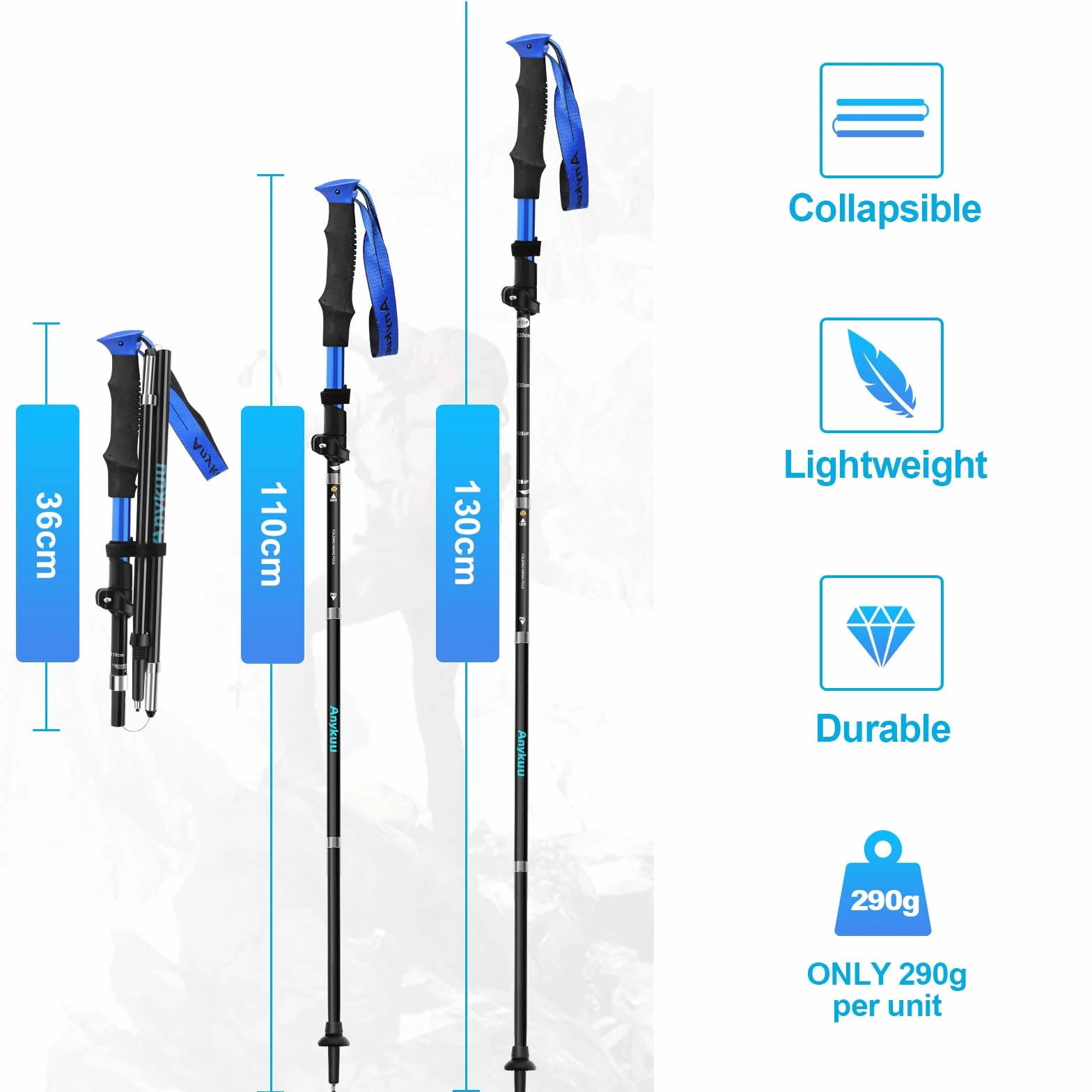 Anykuu Kijki trekkingowe, składane, 110-130 cm, kijki do Nordic Walkingu, aluminiowe 7075, z 6 parami akcesoriów do wspinaczki górskiej, wędrówek