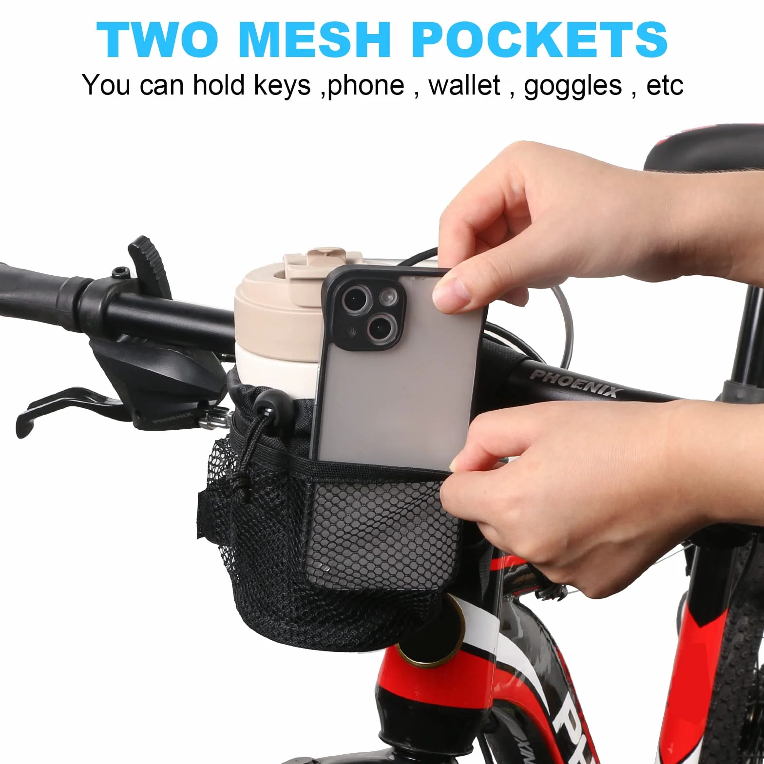 AUAUY uchwyt na rower, uchwyt na napoje z siateczkowymi kieszonkami, uchwyt na butelki wodne do wózka dziecięcego, uchwyt na rower MTB, składany, rowery wyścigowe, wózek inwalidzki