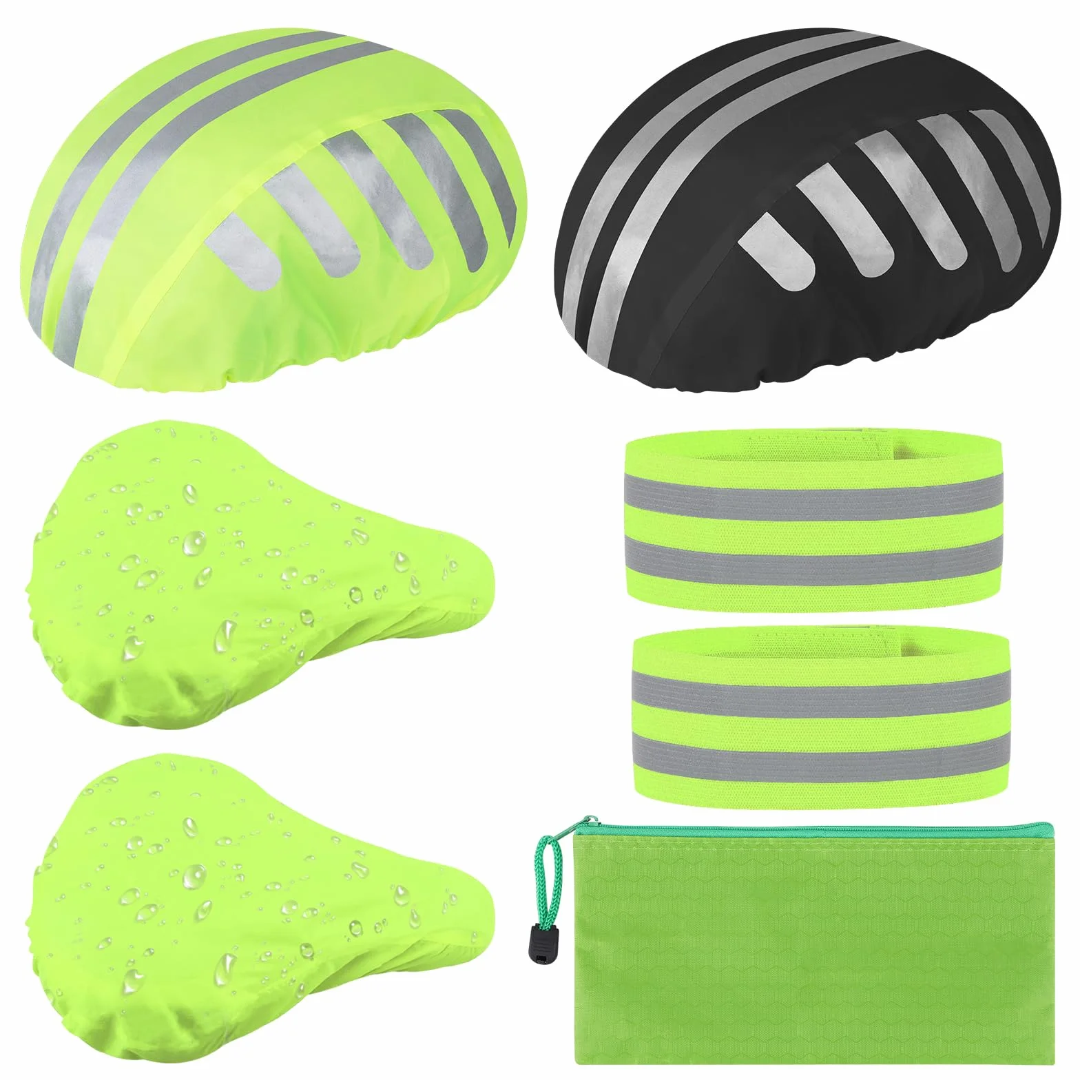 2 wodoszczelne i wiatroszczelne pokrowce na kask, zielone/czarne, pyłoszczelne osłony na kask rowerowy, 2 osłony na siodełko rowerowe, wodoszczelne, zestaw 2 taśm odblaskowych do bezpiecznej