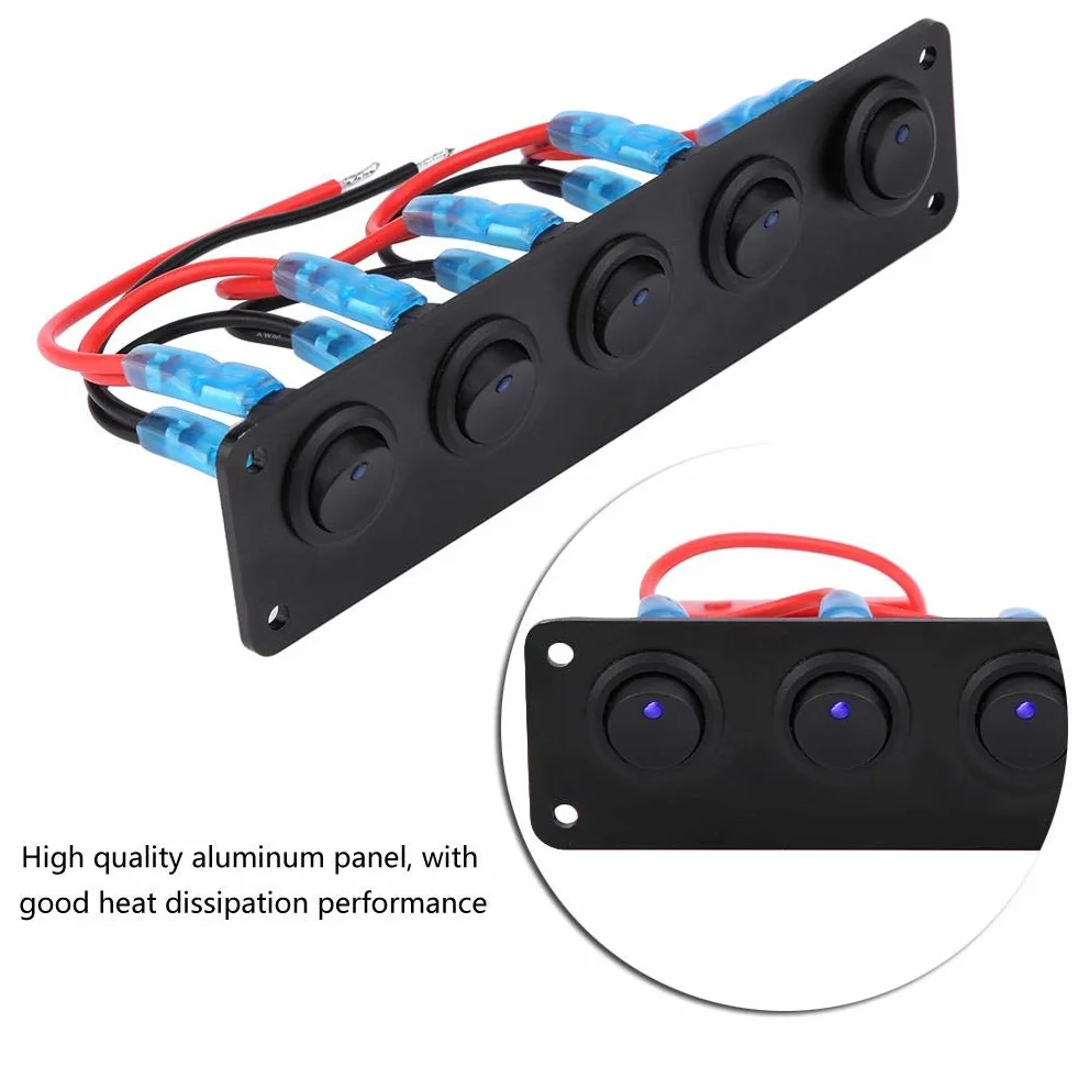 Keenso Panel przełącznika kołyskowego 12 V / 24 V, wodoodporny, 5 Gwintowany okrągły przełącznik Dash Blue LED do kampera, łodzi, jachtu morskiego, 12 V, gniazdko elektryczne