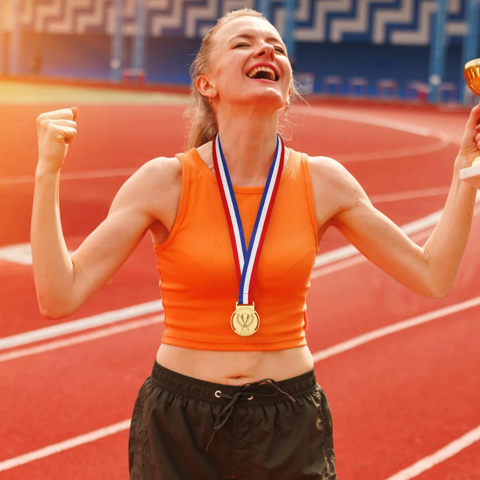 Zestaw 12 złotych medali metalowych 6,5 cm z wstążkami nagrody sportowe olimpijskie