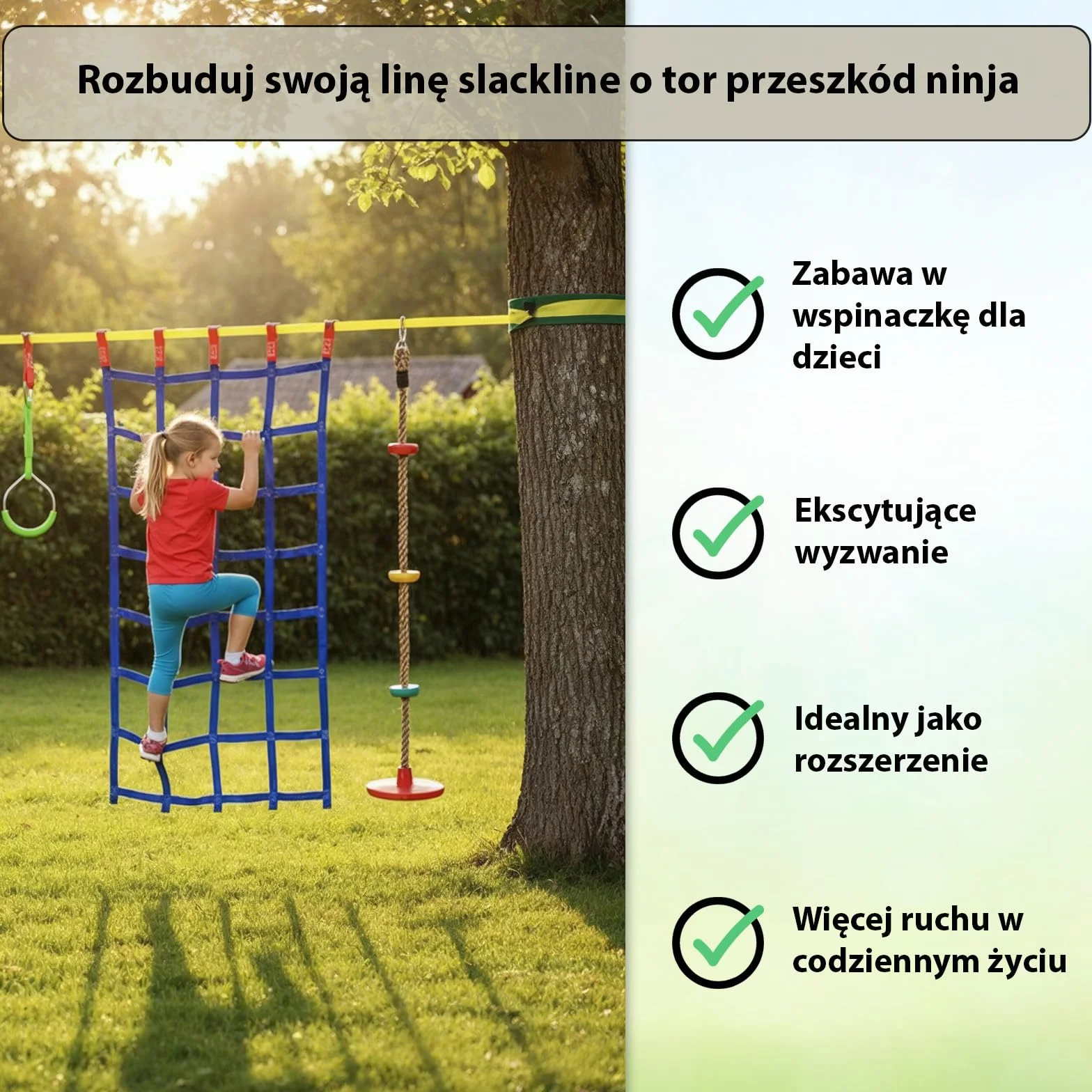 ALPIDEX Ninja Line Dzieci Slackline Przeszkody Zestaw Pierścieni Gimnastycznych Wêzły linowe Huśtawka Akcesoria Drabinki