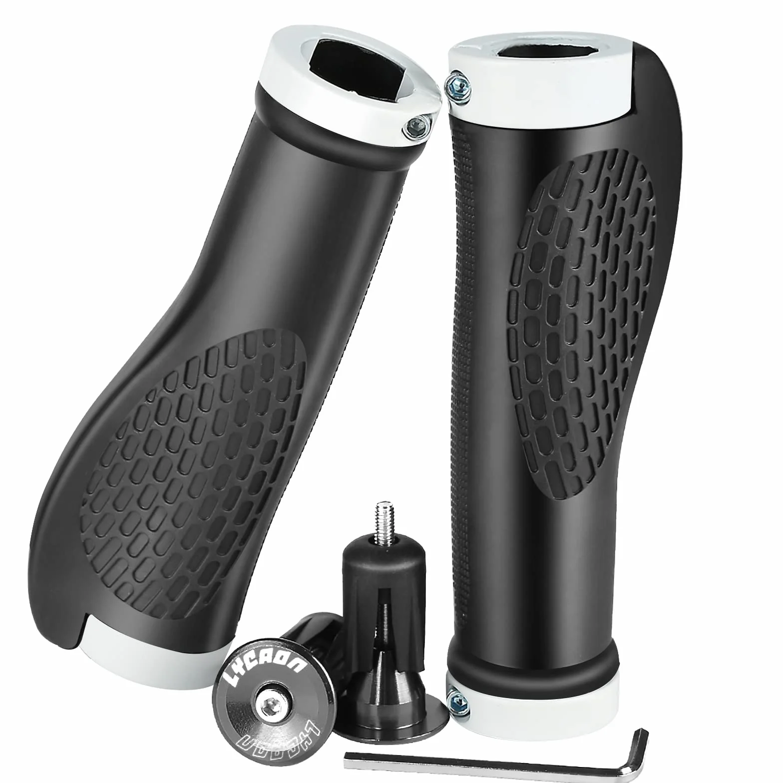 Chwyty rowerowe LYCAON TPR z 2 rozsuwanymi aluminiowymi zaślepkami, uchwyty rowerowe pasują do rowerów MTB/BMX/górskich/zjazdowych/składanych/miejskich/skuterów (BIAŁE, ERGONOMICZNE UCHWYTY)