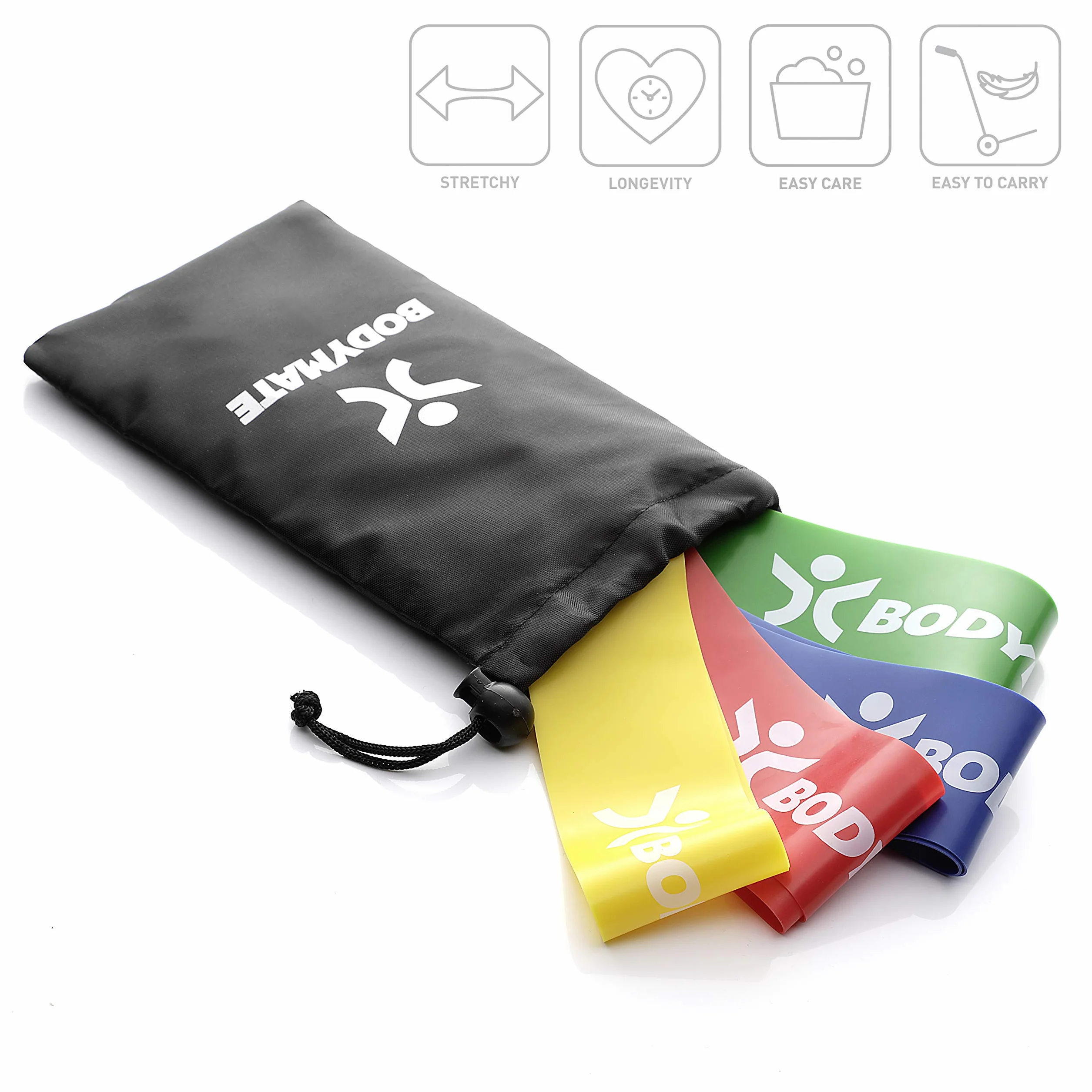 BODYMATE Zestaw Taśm Fitness 4 Stopni Oporu z Torbą 60 cm x 5 cm Naturalny Lateks Taśmy Oporowe