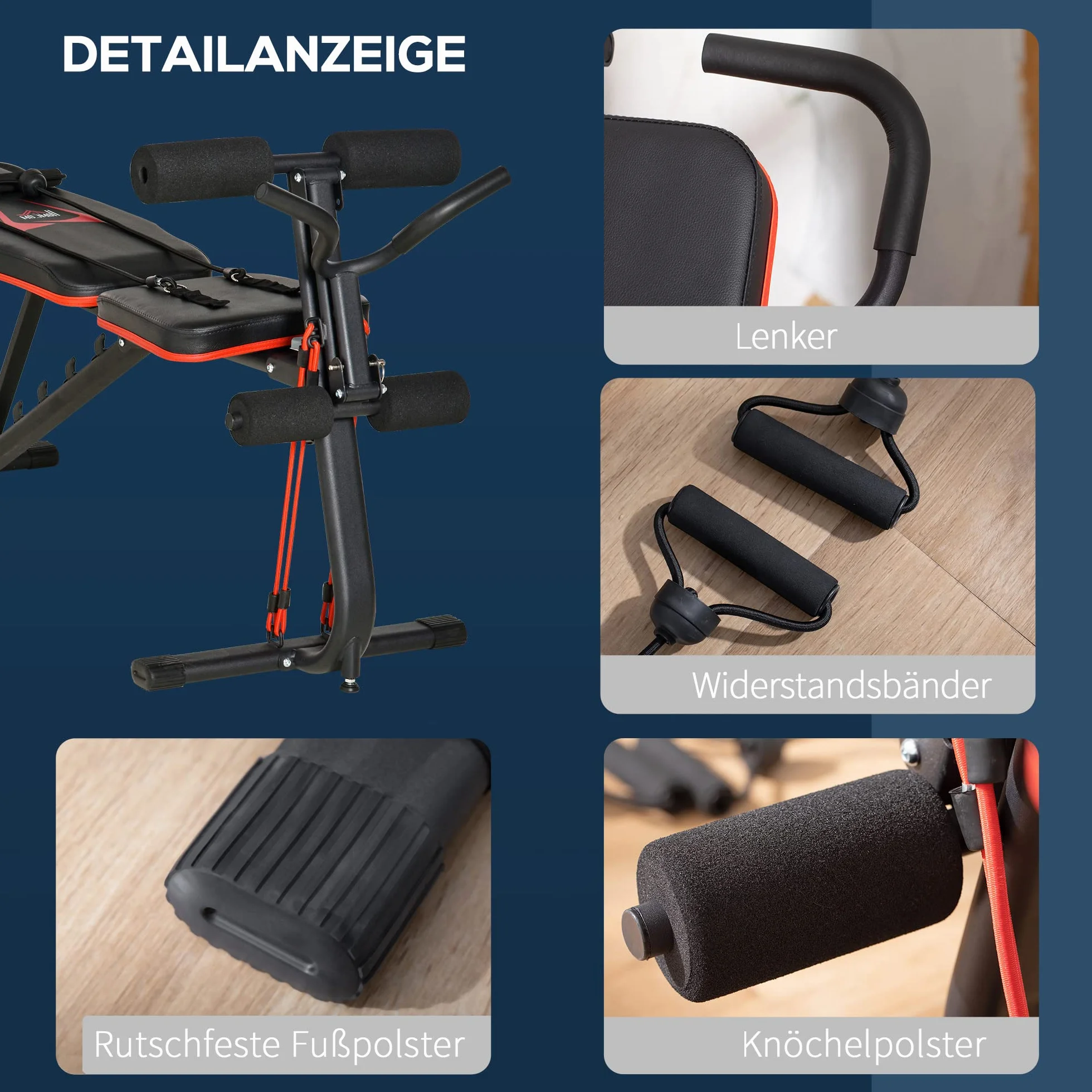 HOMCOM Ławka treningowa regulowana ławka treningowa z elastyczną gumą ławka do ćwiczeń w domu 6 stopni nachylenia oparcia waga do 150 kg stal czarny+czerwony 145 x 49 x 57-127cm