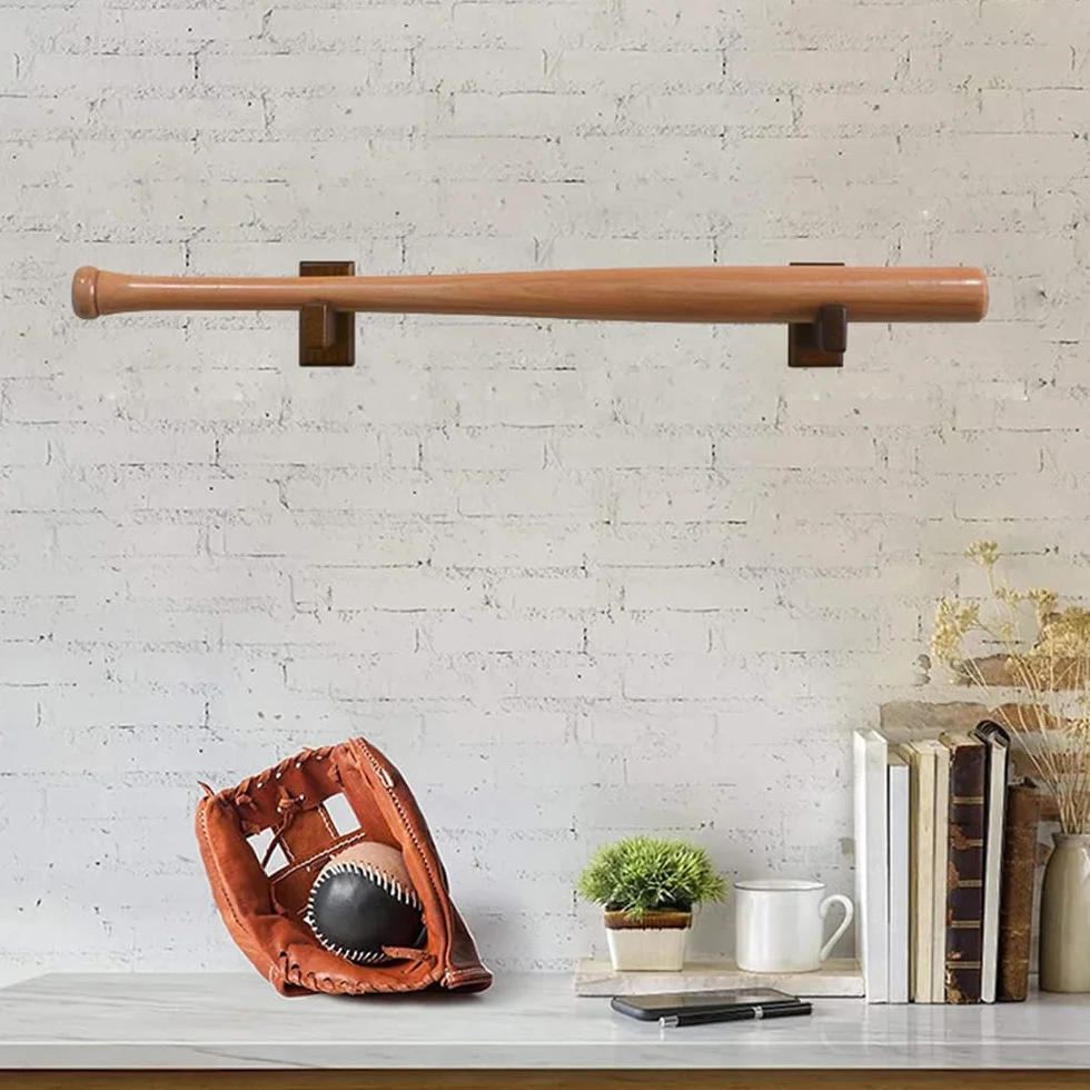 Uchwyt ścienny na kij baseballowy, 2 sztuki, uchwyt ścienny do kija do softballu, poziomy wspornik stojaka z filcową wkładką, uchwyt ścienny do baseballu, softballu, kija hokejowego (brązowy)