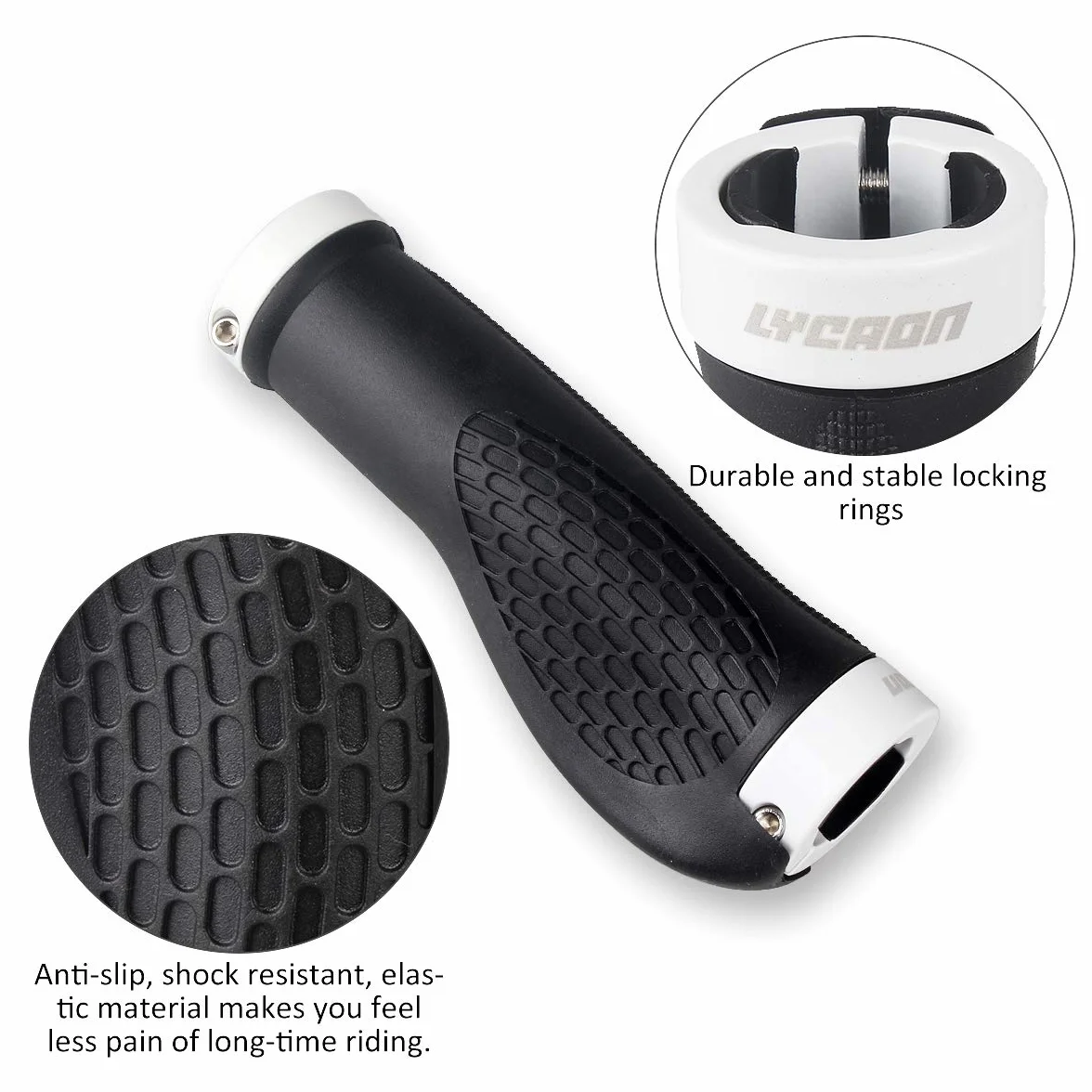 Chwyty rowerowe LYCAON TPR z 2 rozsuwanymi aluminiowymi zaślepkami, uchwyty rowerowe pasują do rowerów MTB/BMX/górskich/zjazdowych/składanych/miejskich/skuterów (BIAŁE, ERGONOMICZNE UCHWYTY)