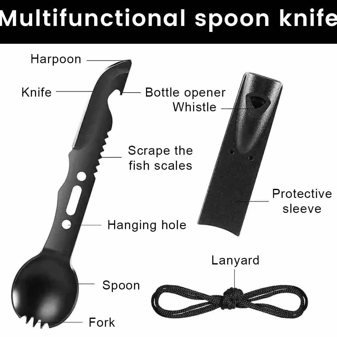 5 w 1 sztućce ze stali nierdzewnej, zestaw sztućców kempingowych, zestaw do użytku na świeżym powietrzu, zestaw sztućców, z kolcem i tuszem, piesze wycieczki, podróże, plecak, piknik na świeżym