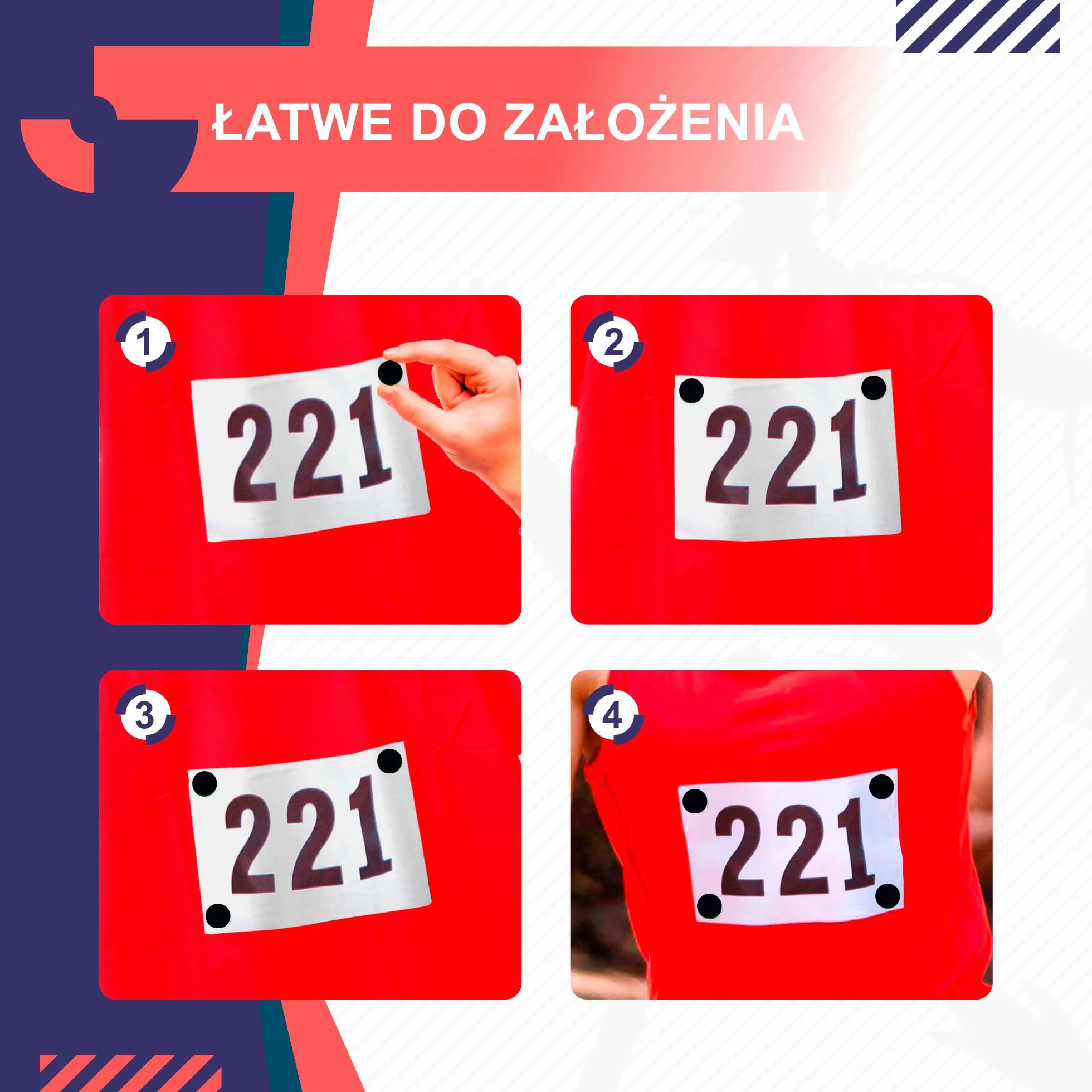 Magnesy do numerów startowych - Zestaw 4 czarnych magnesów do biegania i triathlonu - Uchwyt na numer startowy bez agrafek - Akcesoria biegowe - Magnesy do numeru startowego