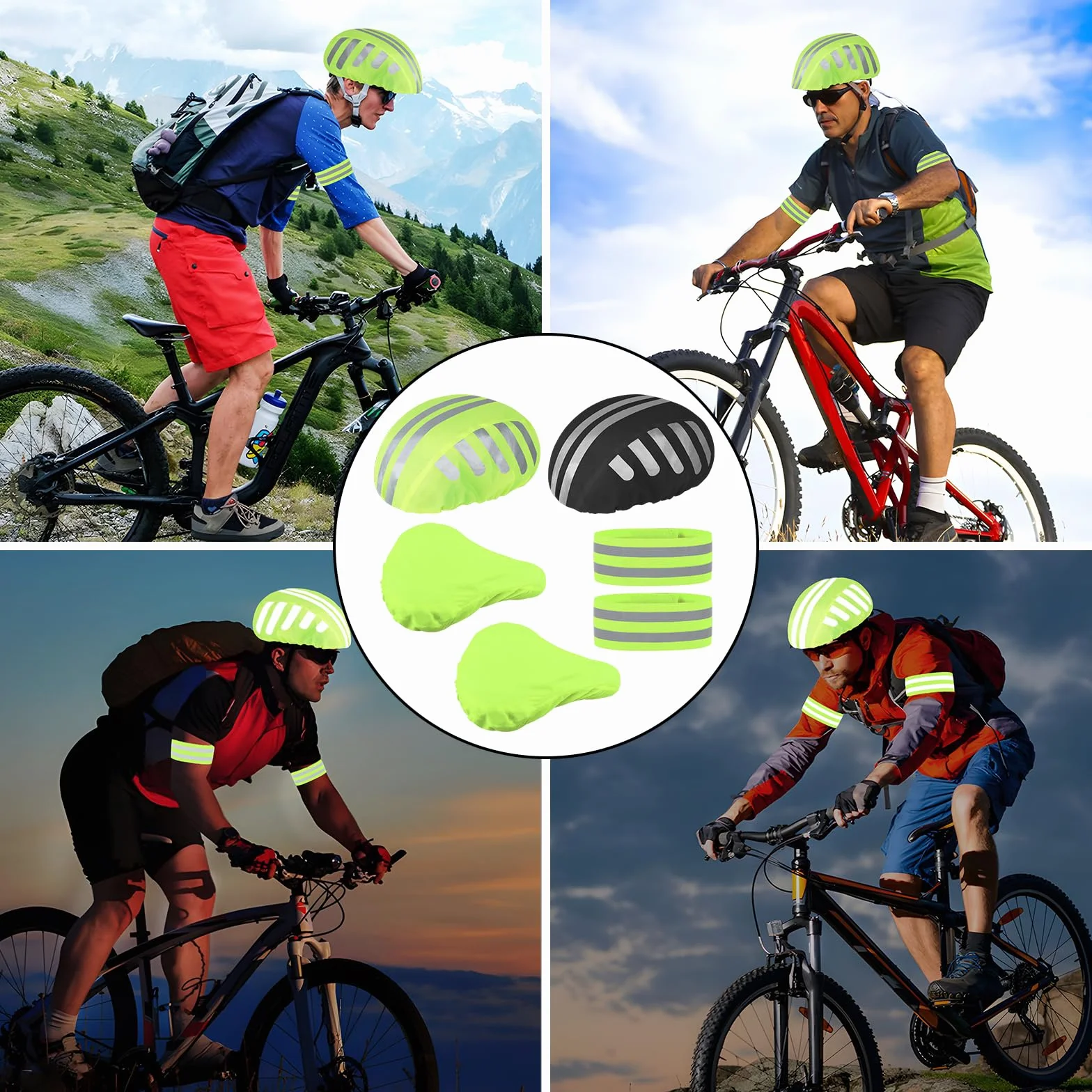 2 wodoszczelne i wiatroszczelne pokrowce na kask, zielone/czarne, pyłoszczelne osłony na kask rowerowy, 2 osłony na siodełko rowerowe, wodoszczelne, zestaw 2 taśm odblaskowych do bezpiecznej