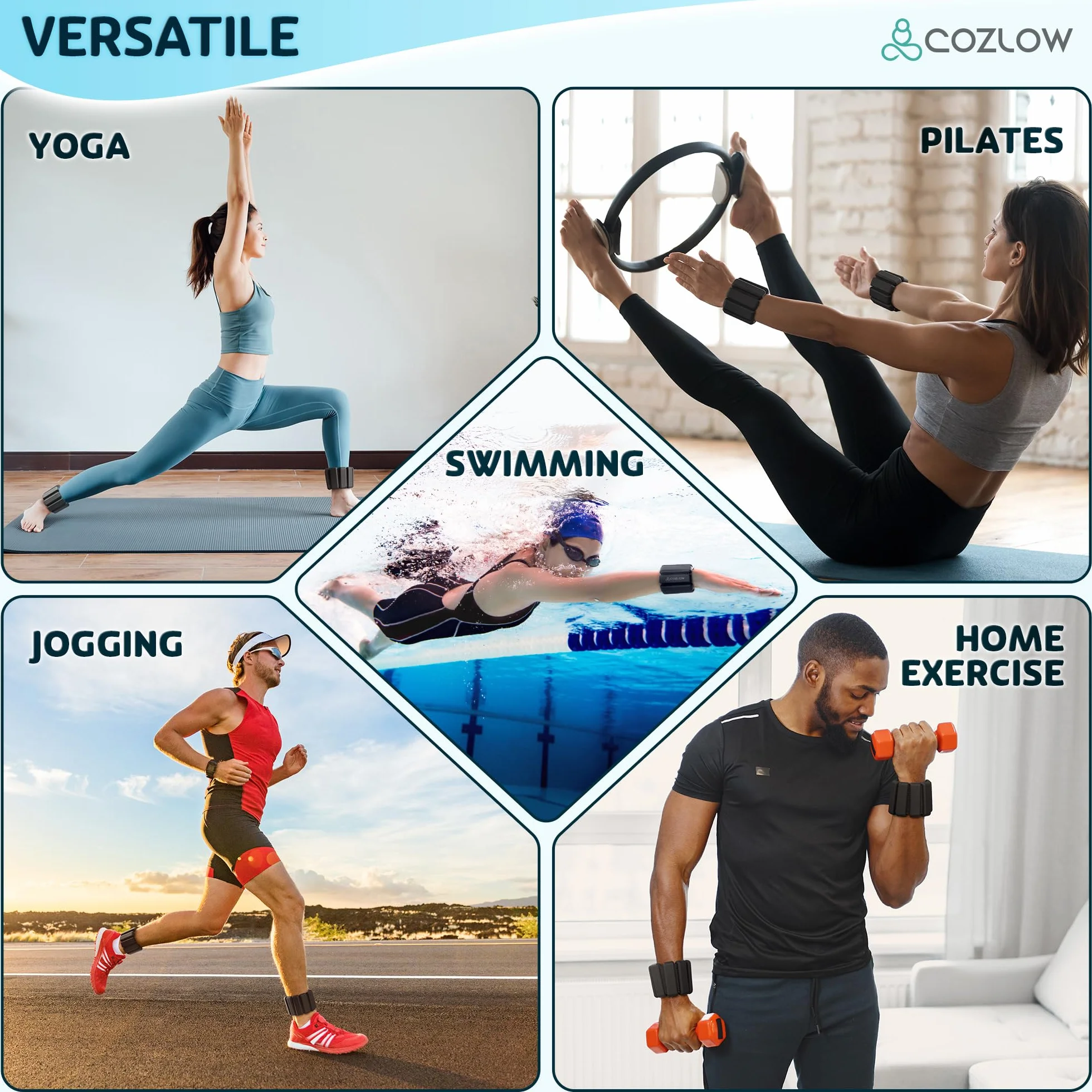 Cozlow - Ankle + Wrist Weights - for Men + Women - 1 Pair, Various Colors - Adjustable Silicone Wearable Workout Straps for Yoga, Dance, Running + Gym