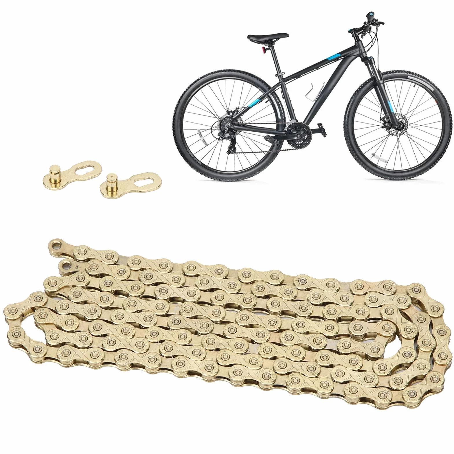 Łańcuch rowerowy, łańcuch rowerowy stalowy, odporny na zużycie, regulowany z 10 biegami, akcesoria do łańcucha rowerowego, rower wyścigowy, składany (złoty)