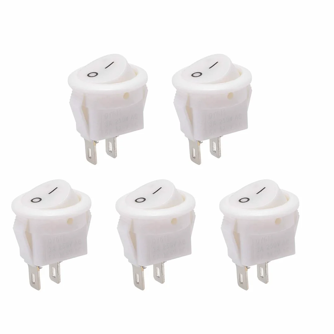 sourcing map Łódź okrągły przełącznik kołyskowy biały do łodzi samochodów morskich 2-pinowe ON/OFF AC 250V/3A 125V/6A 5 szt