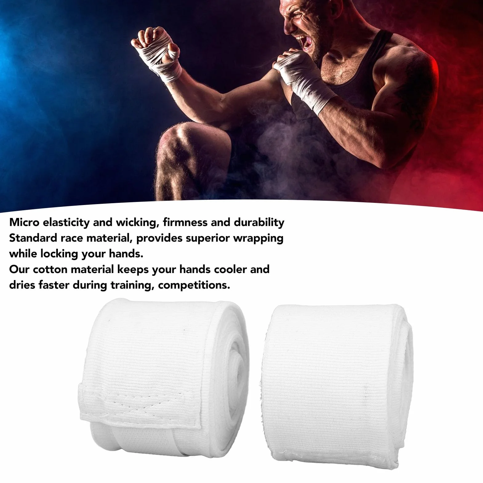 Opaski Bokserskie Bawełniane 5 M Szybkoschnące Półelastyczne Owijki z Haczykiem Sportowe na Ręce do Kickboxingu Muay Thai (WHITE)