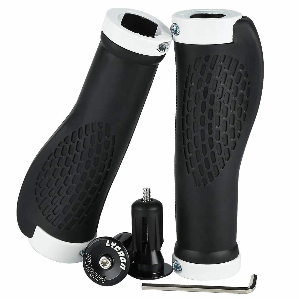 Chwyty rowerowe LYCAON TPR z 2 rozsuwanymi aluminiowymi zaślepkami, uchwyty rowerowe pasują do rowerów MTB/BMX/górskich/zjazdowych/składanych/miejskich/skuterów (BIAŁE, ERGONOMICZNE UCHWYTY)