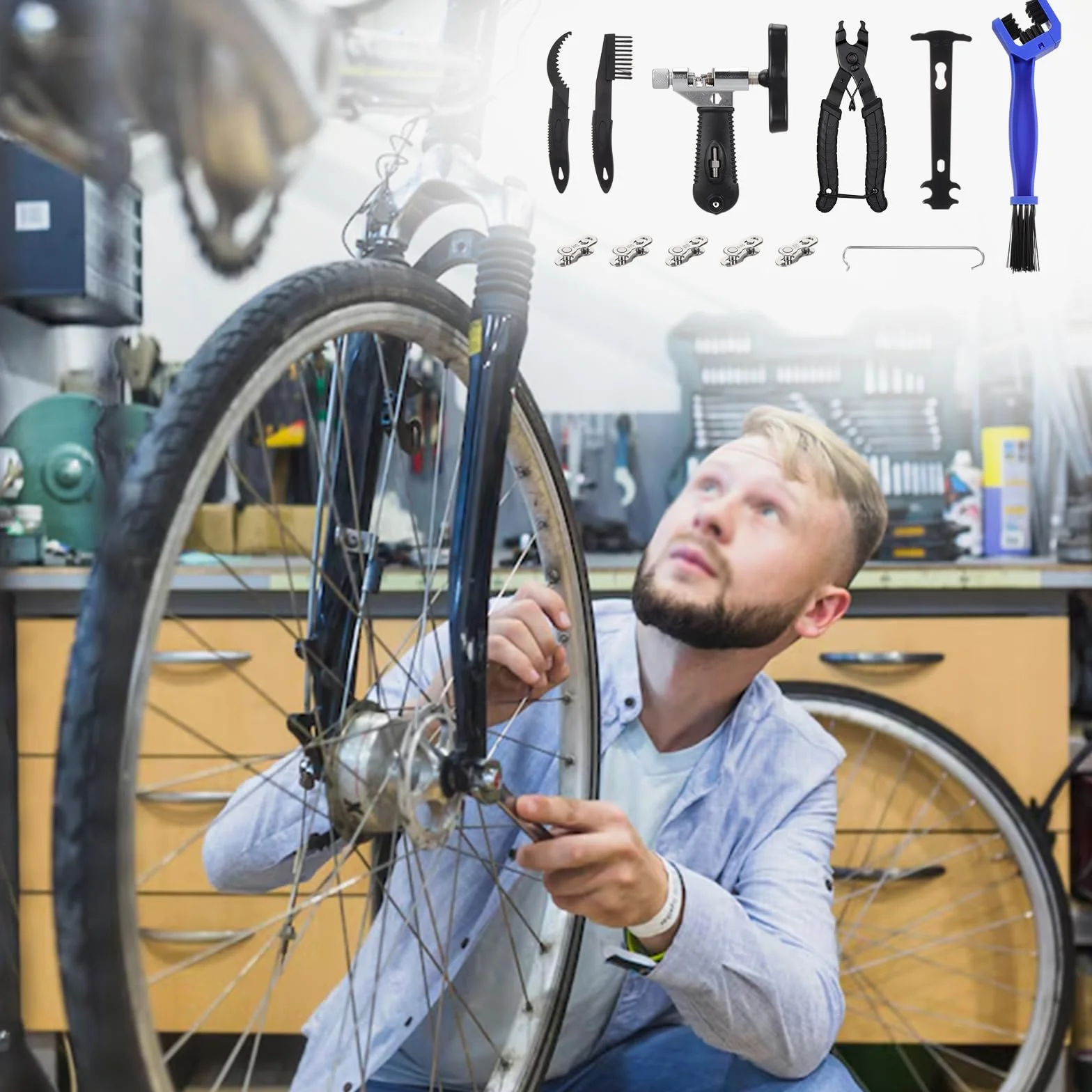 11 szt. zestaw narzędzi do łańcucha rowerowego, nitownica łańcuchowa ze szczotką do czyszczenia roweru, szczypce do ogniw rowerowych do łańcucha rowerowego 6-12 biegów