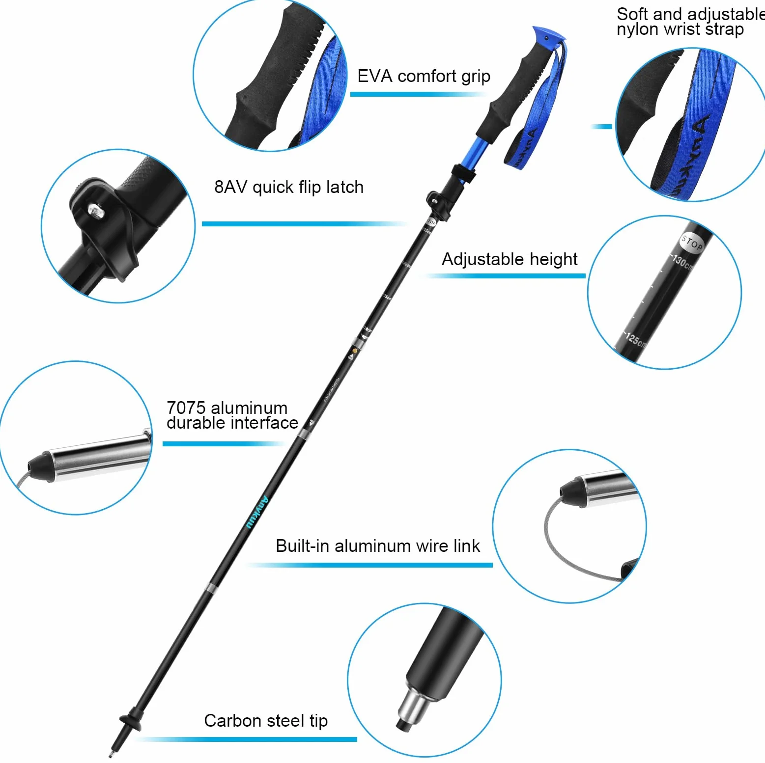 Anykuu Kijki trekkingowe, składane, 110-130 cm, kijki do Nordic Walkingu, aluminiowe 7075, z 6 parami akcesoriów do wspinaczki górskiej, wędrówek
