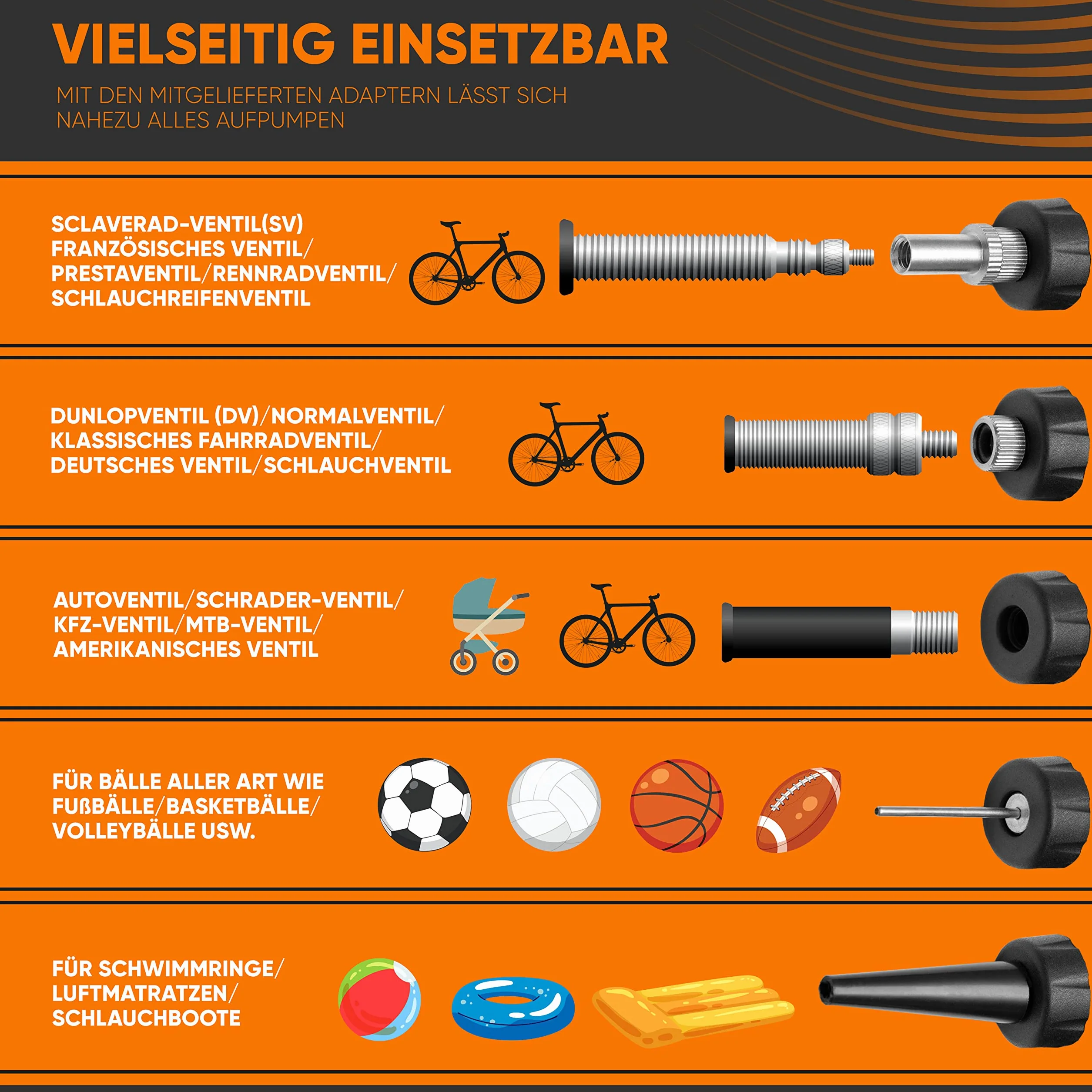 Villkin Pompa rowerowa 87 psi do wszystkich zaworów – w zestawie adaptery do (SV) Presta, (AV) Schrader, (DV) Dunlop i piłek – pompa kompatybilna z rowerami górskimi, wyścigowymi, BMX i innymi