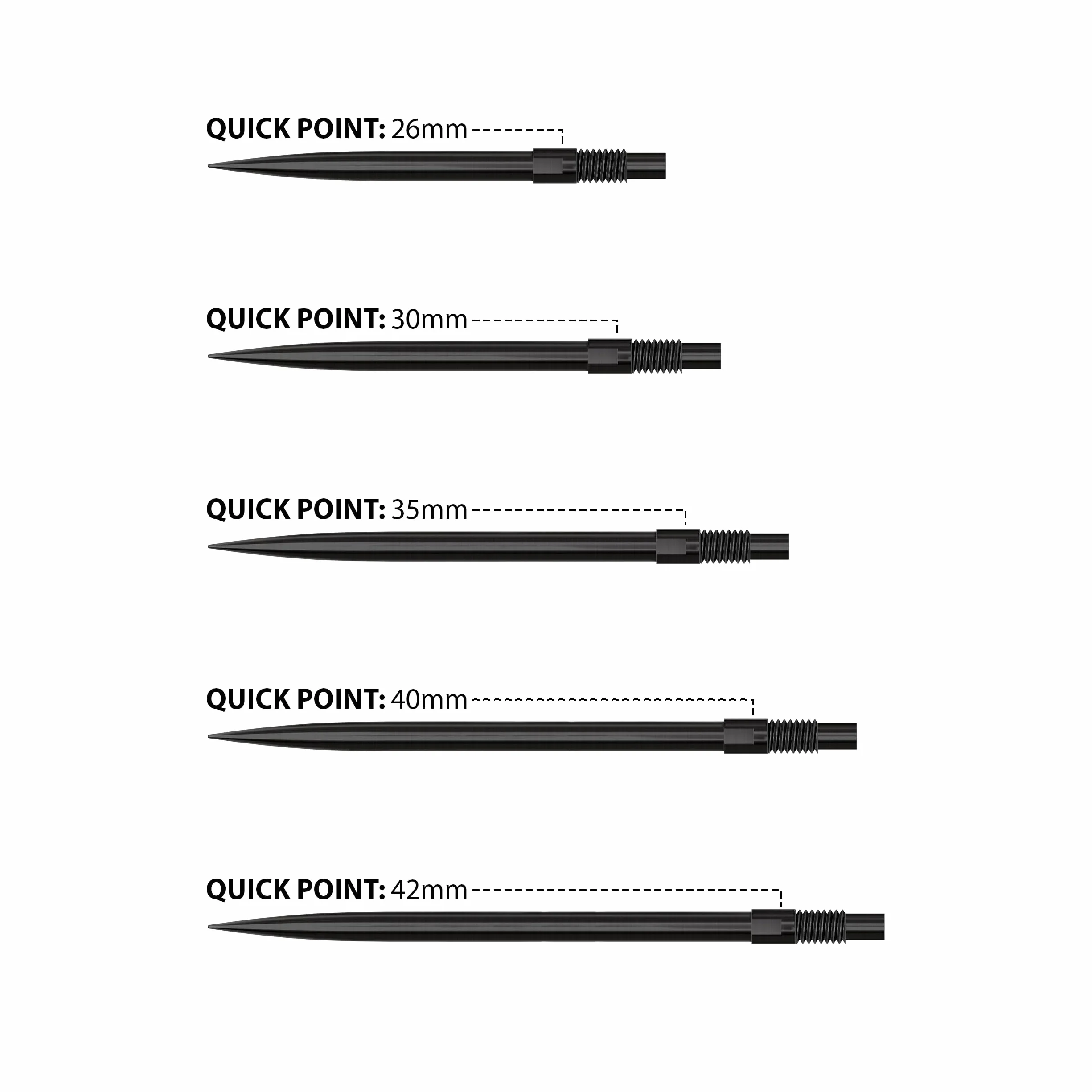 Harrows Punkty do rzutek ze stalową końcówką Quick Point, wymienne końcówki do rzutek w kolorze czarnym i srebrnym, 26 mm, 30 mm, 35 mm, 40 mm i 42 mm, kompatybilne z systemem QP