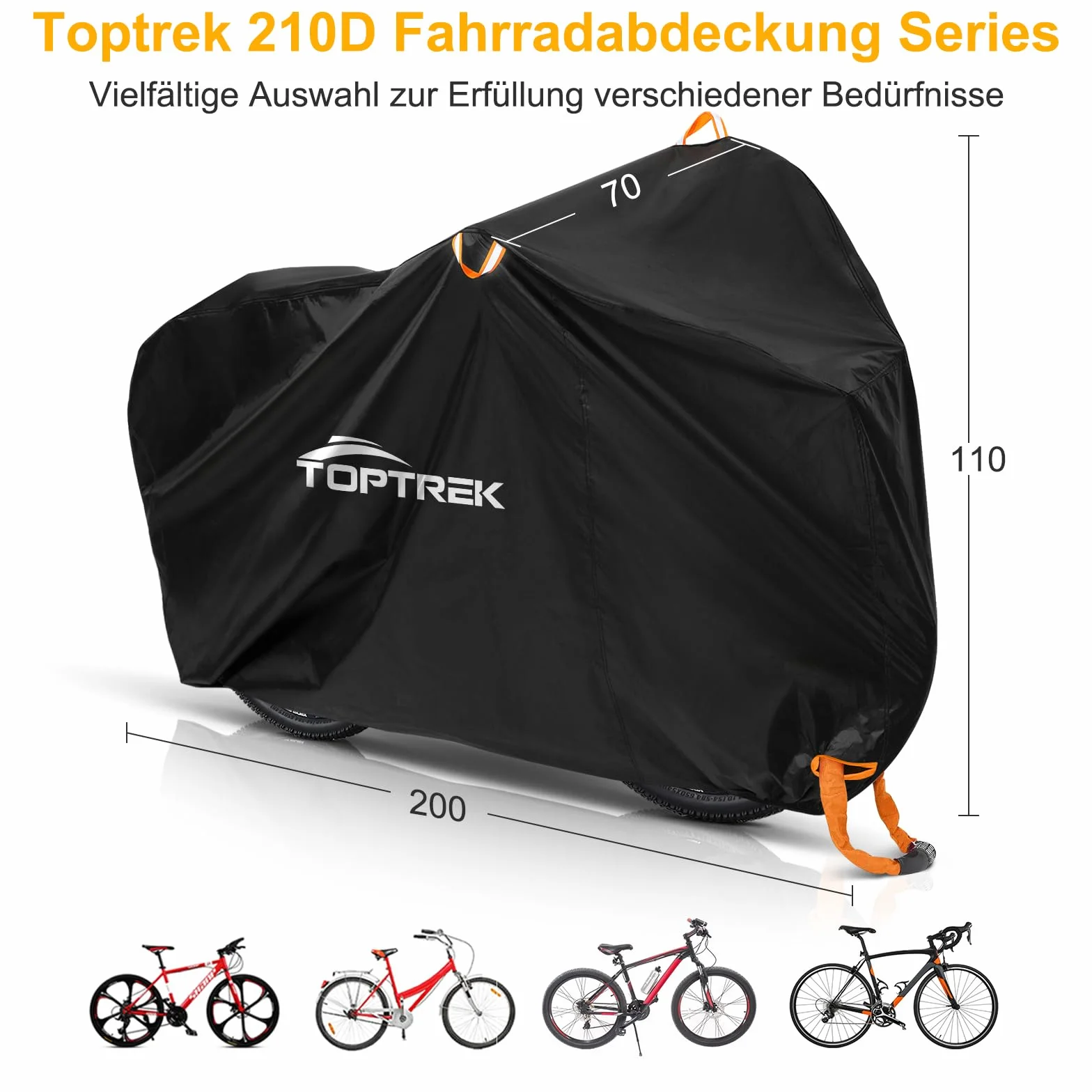 toptrek Pokrowiec na rower, wodoszczelny 210D, plandeka do roweru, 200 x 110 x 70 cm, wysokiej jakości ochrona przed słońcem, odporna na rozerwanie, z workiem