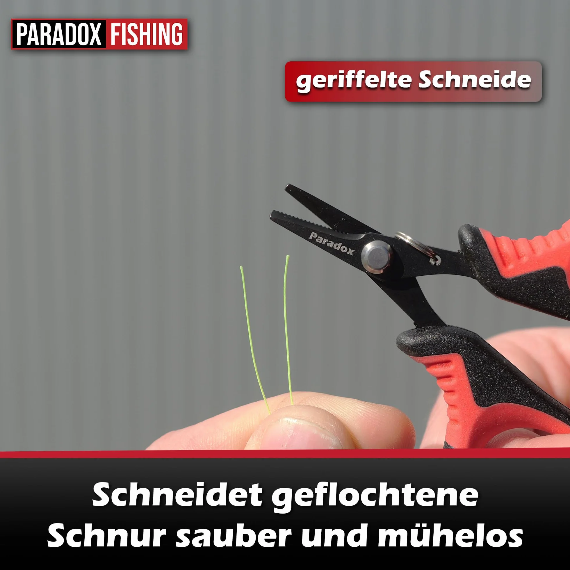 Paradox Fishing Nożyce wędkarskie Premium ze stali węglowej – bardzo ostre nożyce do żyłek z mikroząbkami do plecionych sznurków, stali i mono – kompaktowa konstrukcja (10 cm) w kolorze sygnałowym