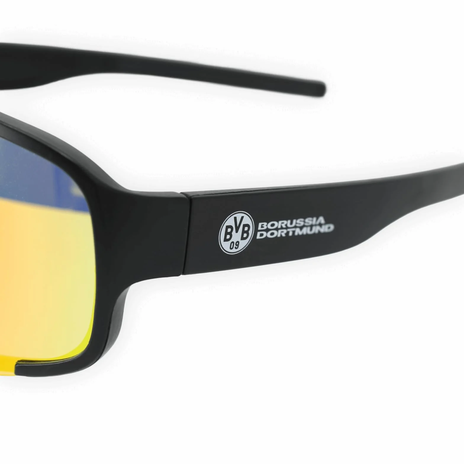 BVB Borussia Dortmund szybkie okulary przeciwsłoneczne, styl sportowy, kolorowe odblaski, logo BVB i napis na zausznikach