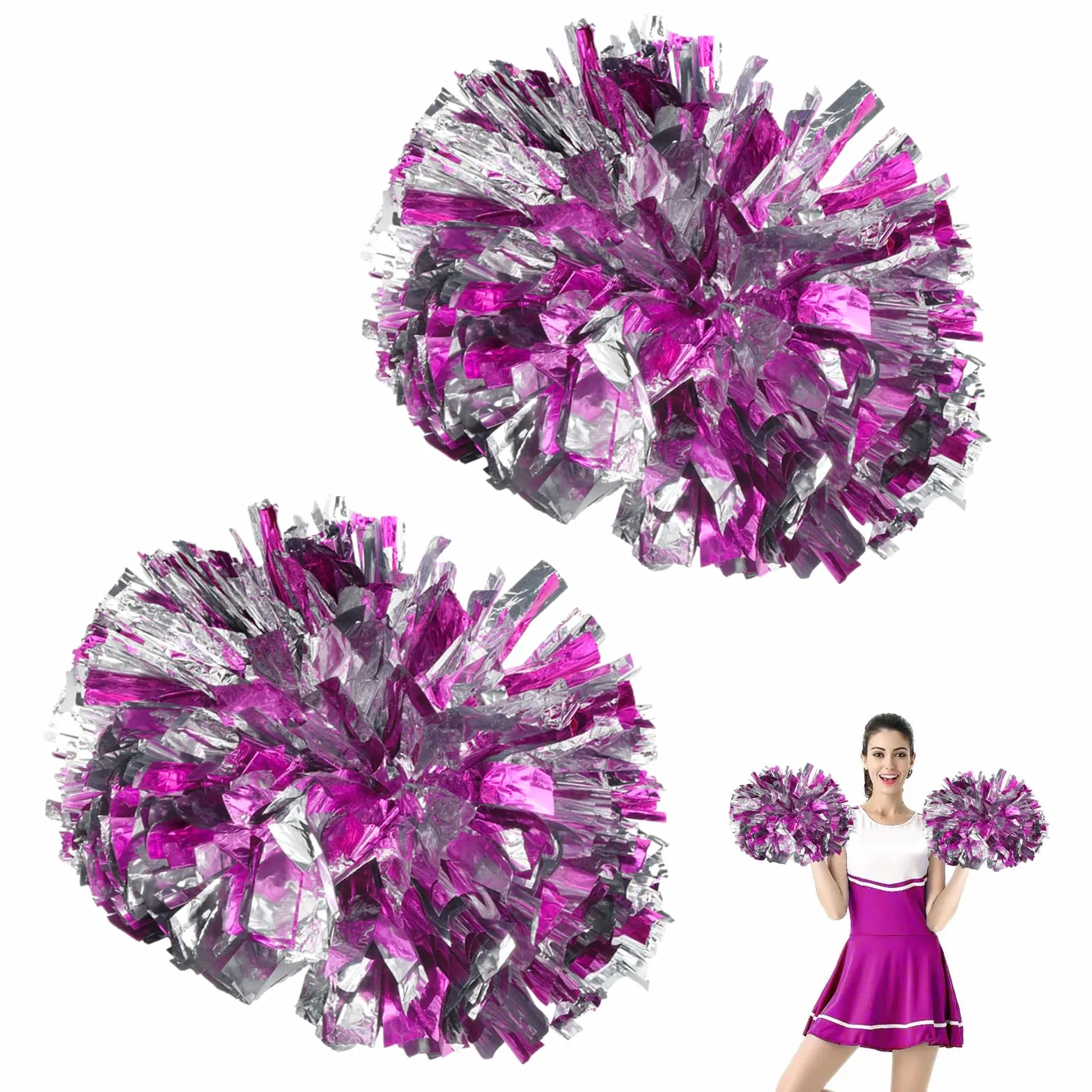 Gudalea 2 sztuki pomponów Cheering Squad metaliczne pompony cheerleaderki, plastikowe pompony cheerleaderki używane do sportów cheerleaderek spotyka się z zawodami sportowymi i tańcem