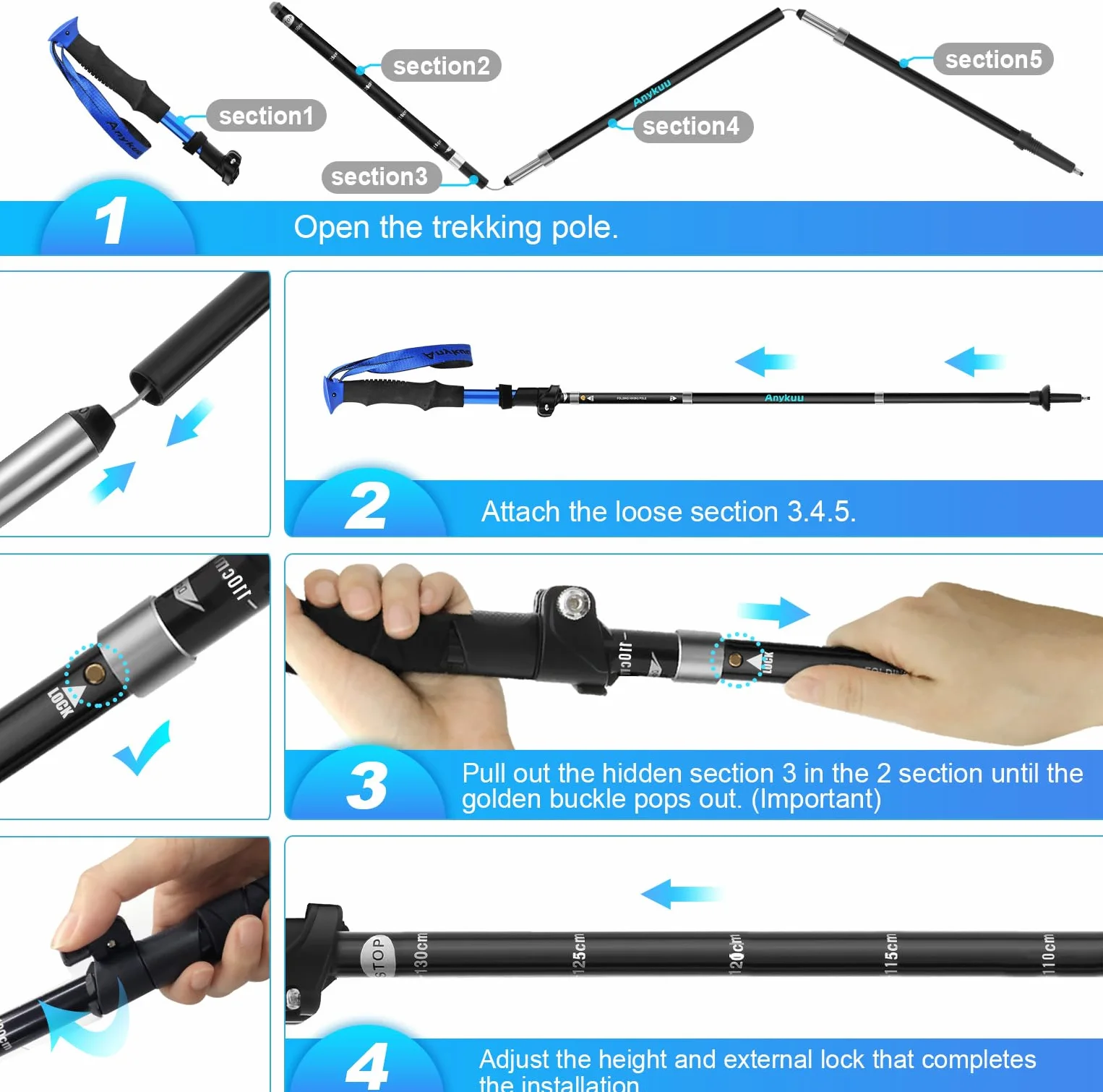 Anykuu Kijki trekkingowe, składane, 110-130 cm, kijki do Nordic Walkingu, aluminiowe 7075, z 6 parami akcesoriów do wspinaczki górskiej, wędrówek