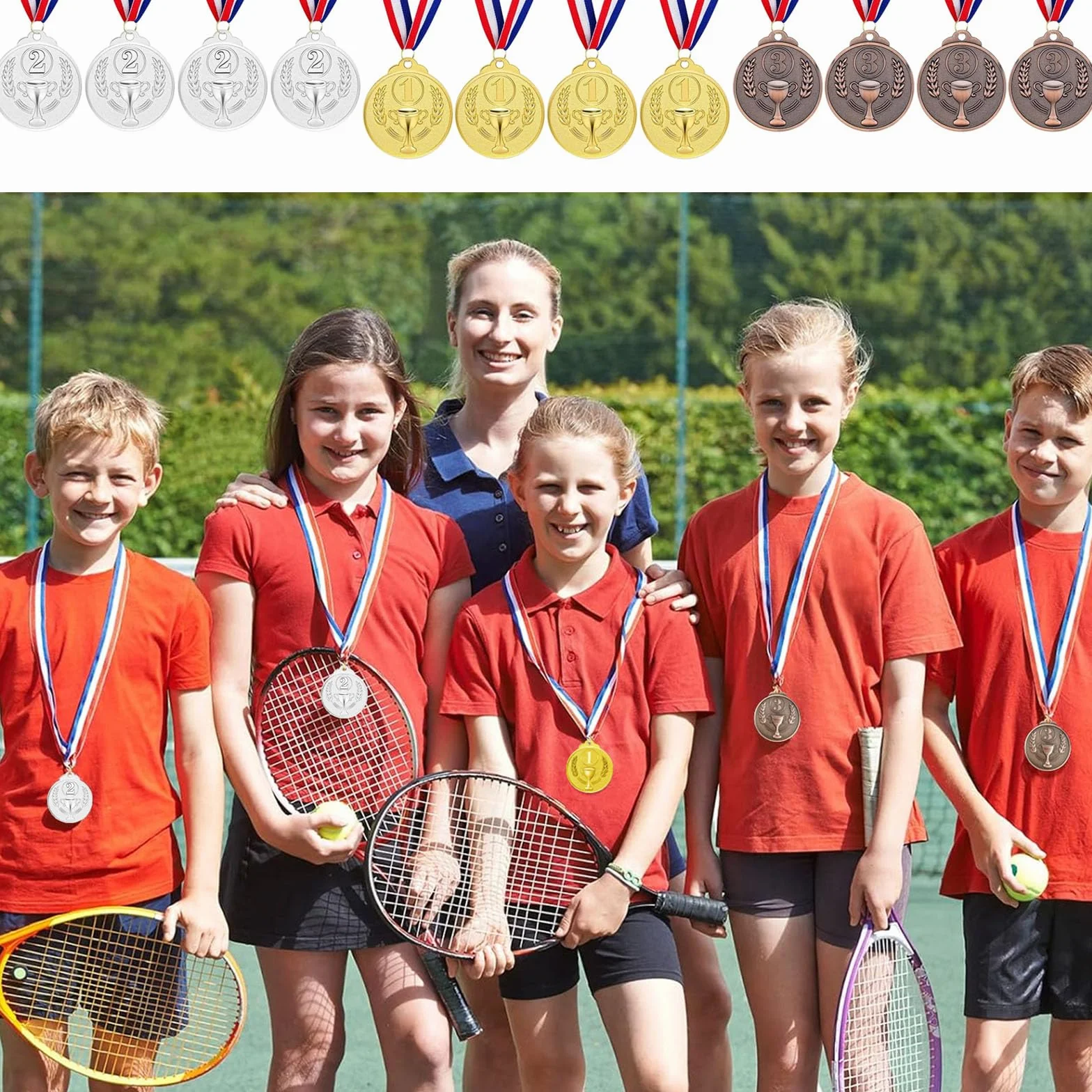 12 sztuk medali wręczenia nagród metalowych, złoty srebrny brązowy medal ze wstążką na szyję Zwycięzca medali dla dzieci Gry Imprezy Dzień Sportu 5,0 cm