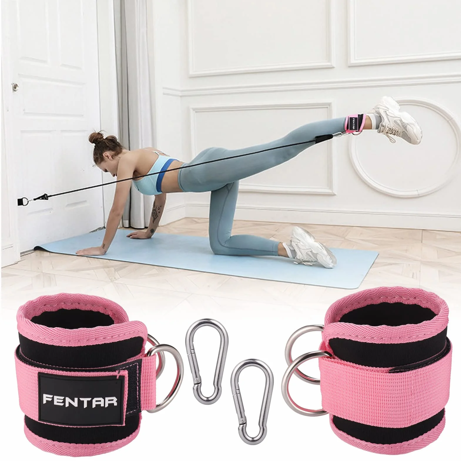 Fentar Regulowane opaski na kostkę do wyciągu, wygodne, na siłownię, podwójne klamry w kształcie litery D, wyściełane, do ćwiczeń nóg, fitnessu, na rzepy (2 szt., różowe)