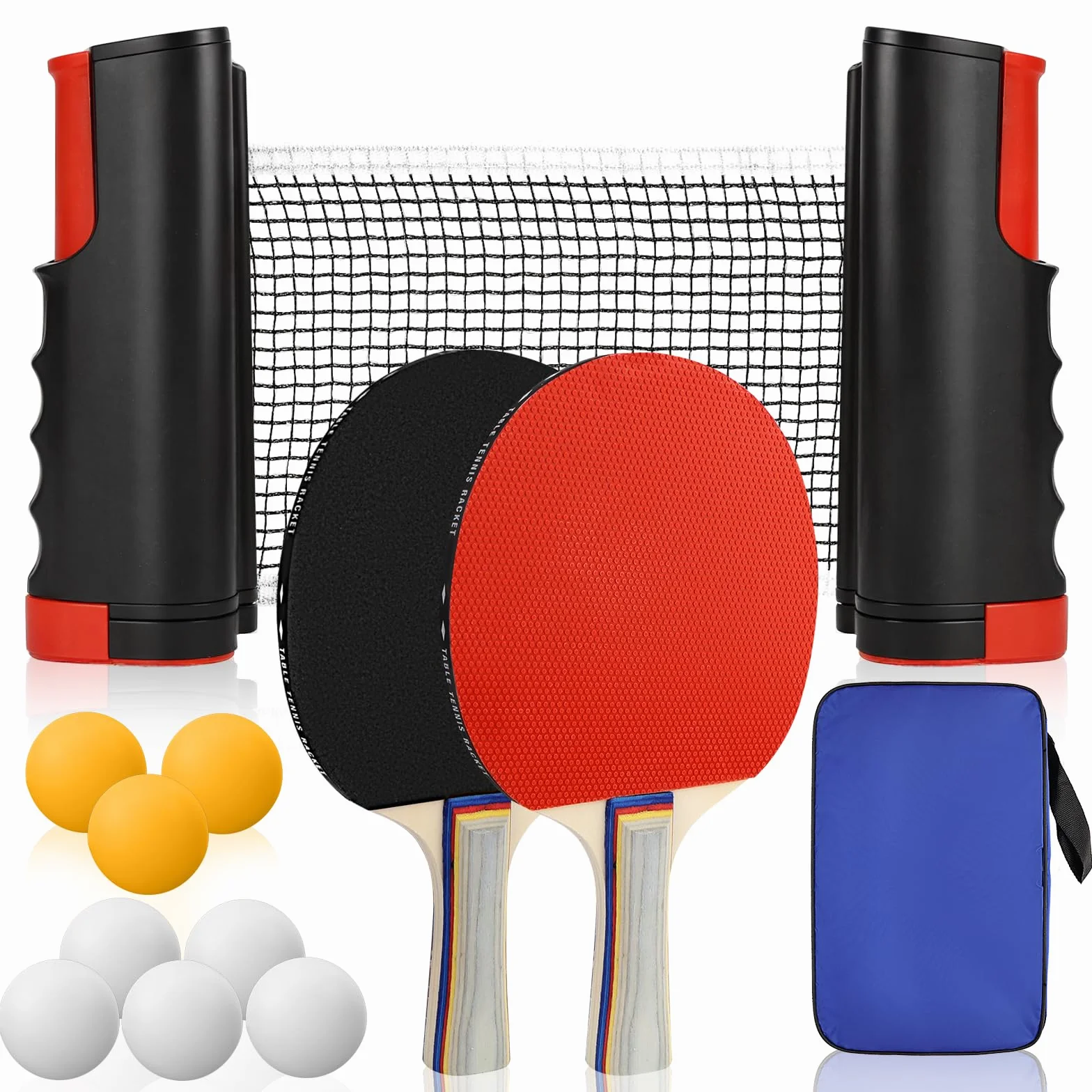 CHRI Zestaw do tenisa stołowego Zestaw rakietek do tenisa stołowego z wysuwaną siatką, 2 rakietki do tenisa stołowego, 6 piłek do tenisa stołowego, torba do przenoszenia, siatka do tenisa stołowego