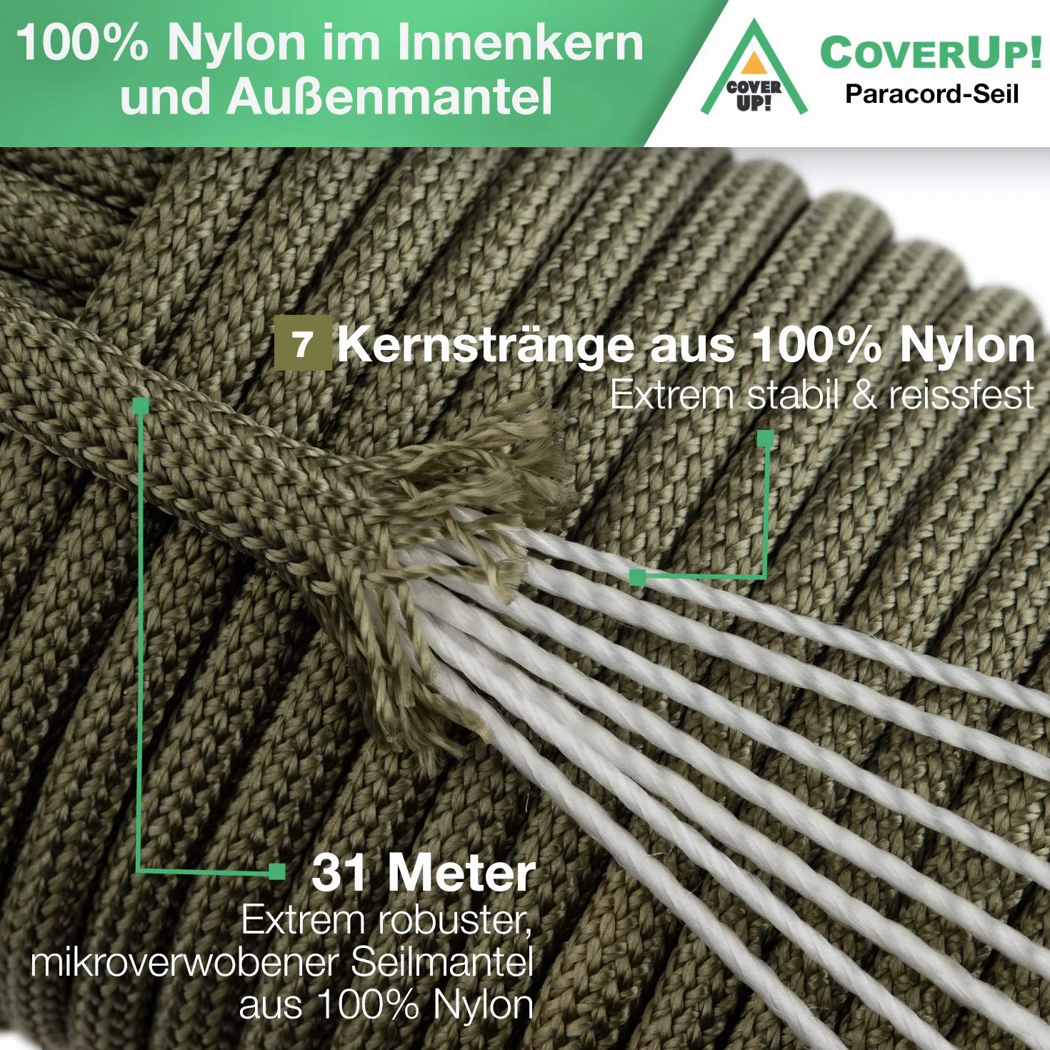 CoverUp Paracord 550 Paracord 550 składa się z 7 żyłek rdzeniowych, nylonowa lina, 31 m z wyjątkowo wytrzymałą osłoną (oliwkowo-zielona)