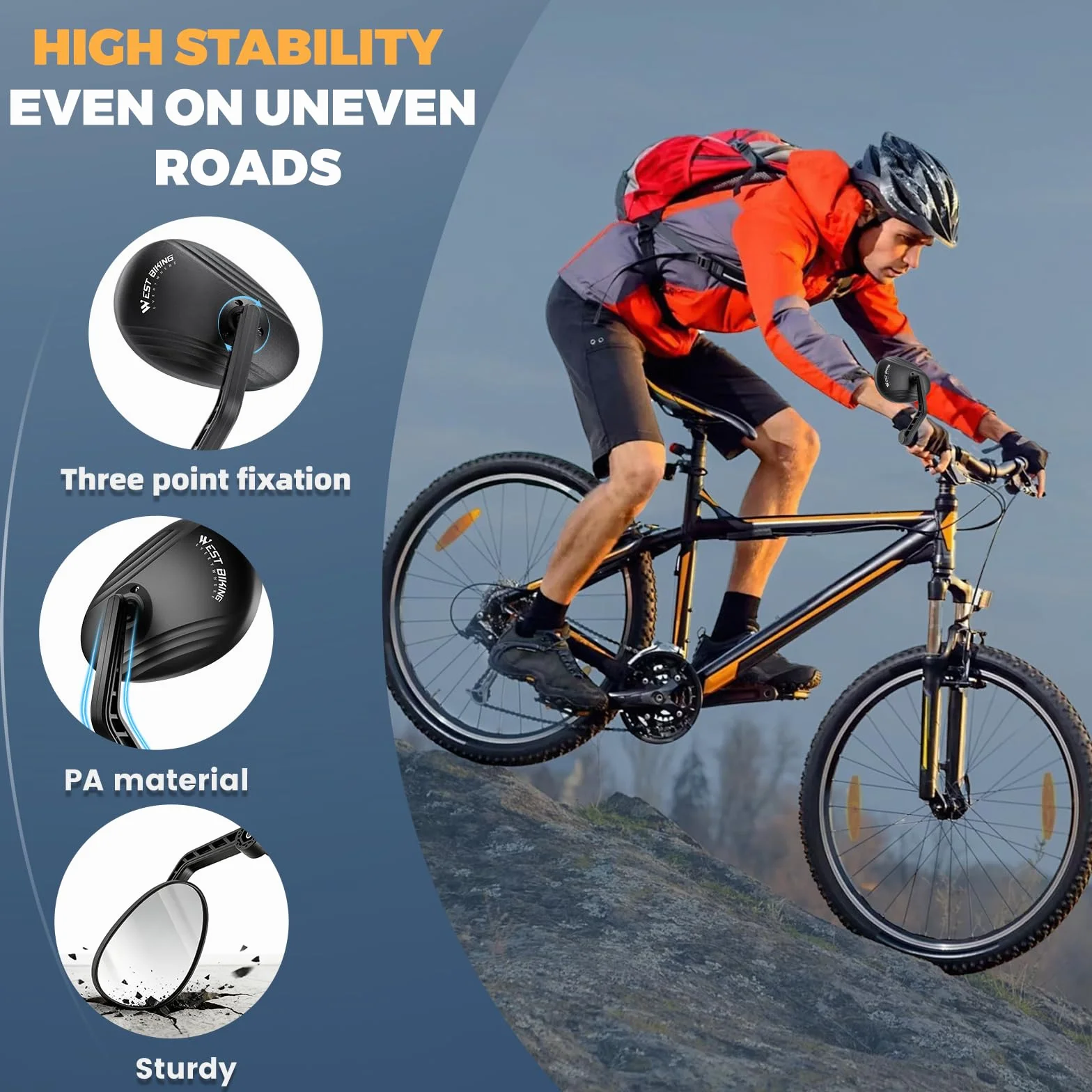 West Biking Lusterko rowerowe, HD lusterko wsteczne rowerowe w jakości samochodowej, 360° regulowane lusterko na końcu kierownicy do e-roweru, roweru górskiego, składanego roweru, na kierownice o
