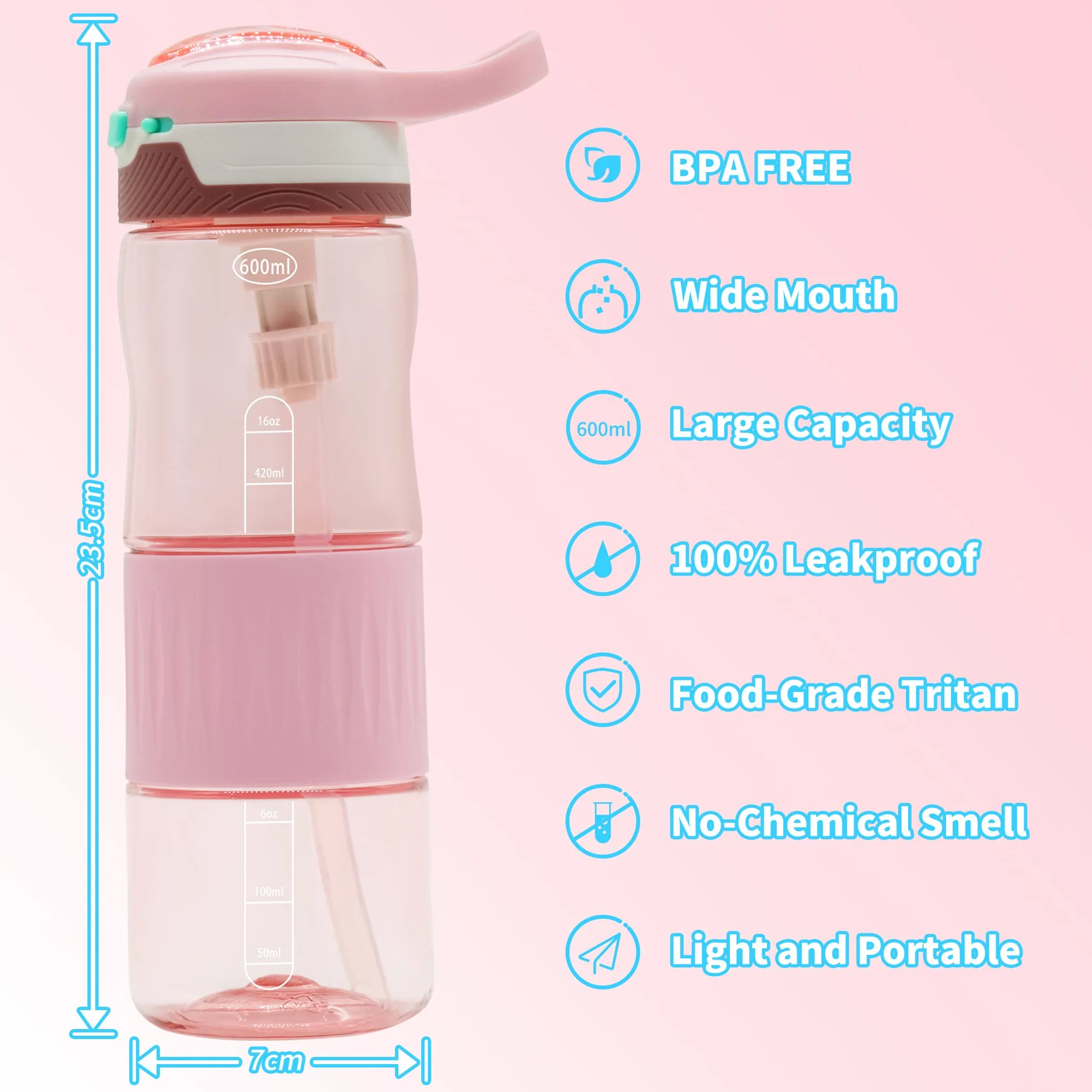 EULANT Butelki na wodę z tritanu ze słomką, 600 ml, motywacyjna butelka na wodę dla dzieci i dorosłych, sportowe butelki na napoje, na siłownię, rower, kemping, do szkoły i użytku domowego, szczelny