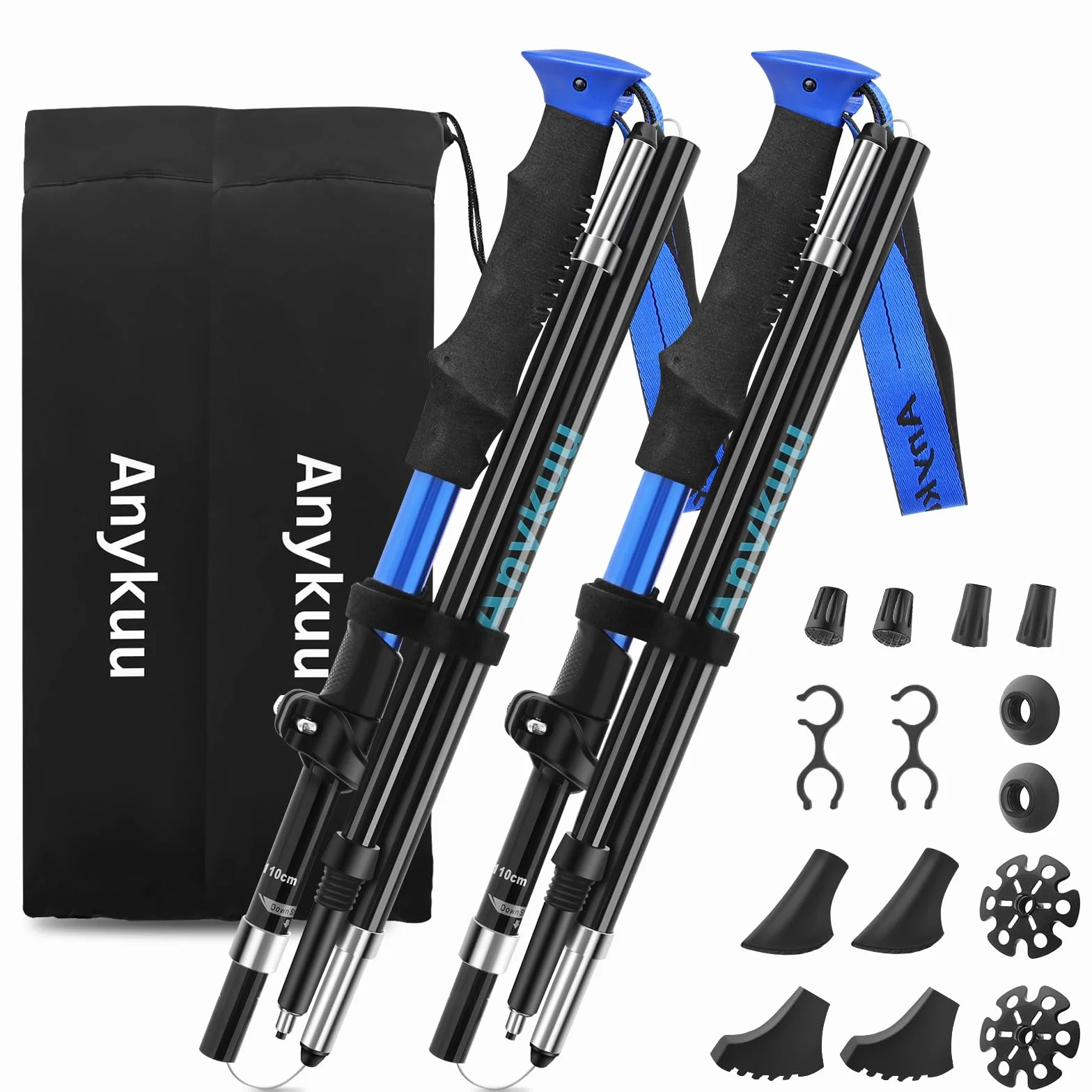 Anykuu Kijki trekkingowe, składane, 110-130 cm, kijki do Nordic Walkingu, aluminiowe 7075, z 6 parami akcesoriów do wspinaczki górskiej, wędrówek