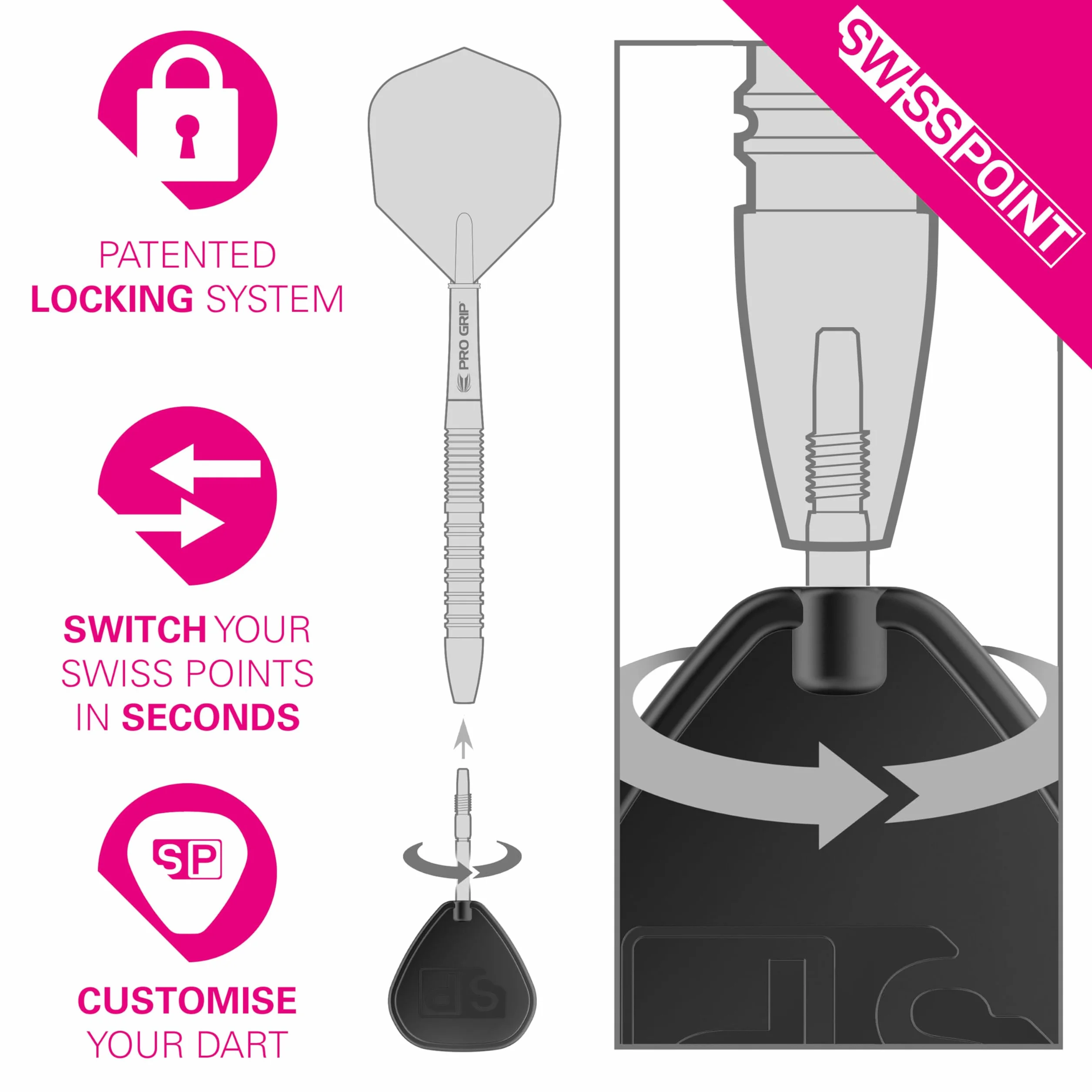 Target Darts Swiss Points, Końcówki do rzutek Diamond Pro Swiss Point (zestaw 3 końcówek), profesjonalne akcesoria do rzutek