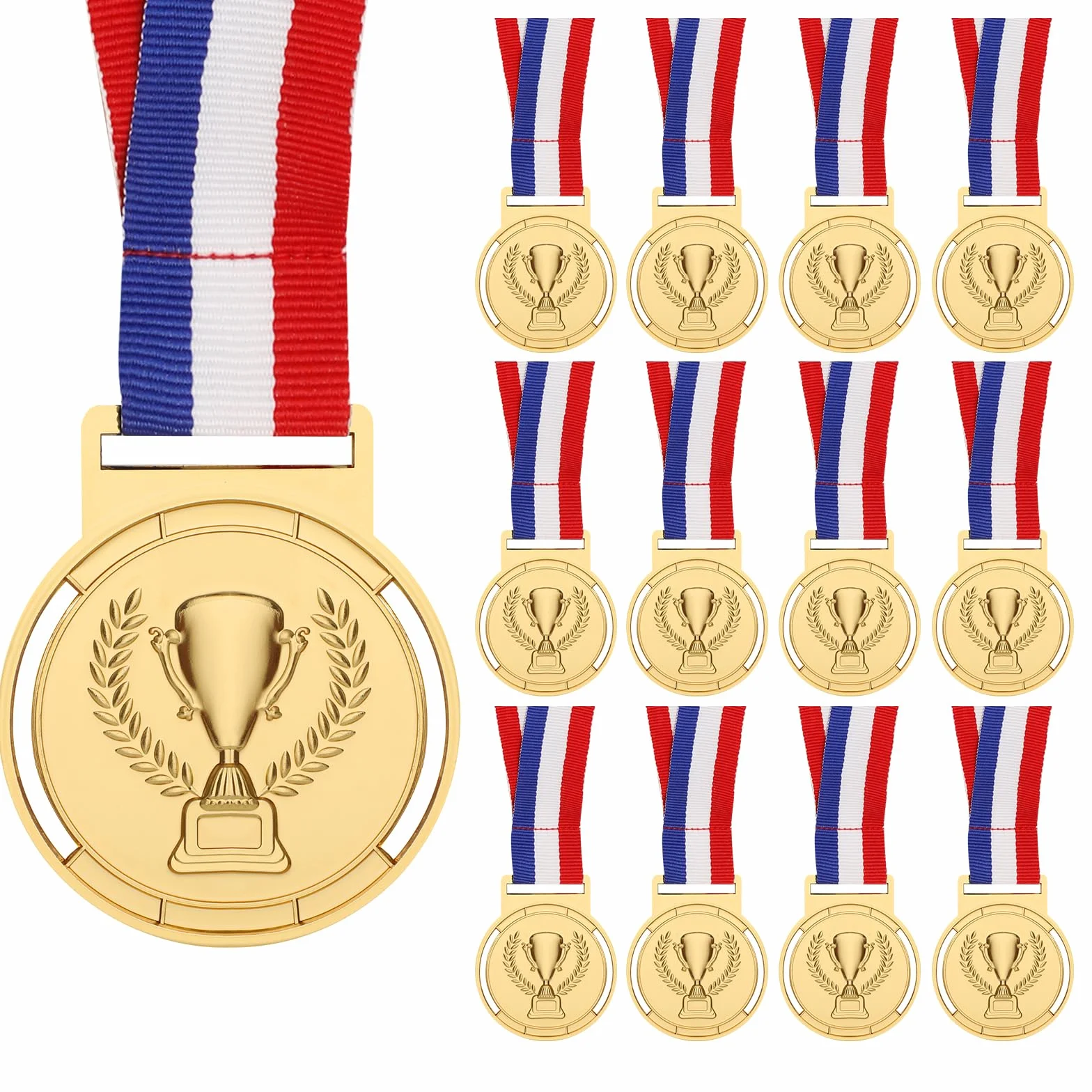 Zestaw 12 złotych medali metalowych 6,5 cm z wstążkami nagrody sportowe olimpijskie