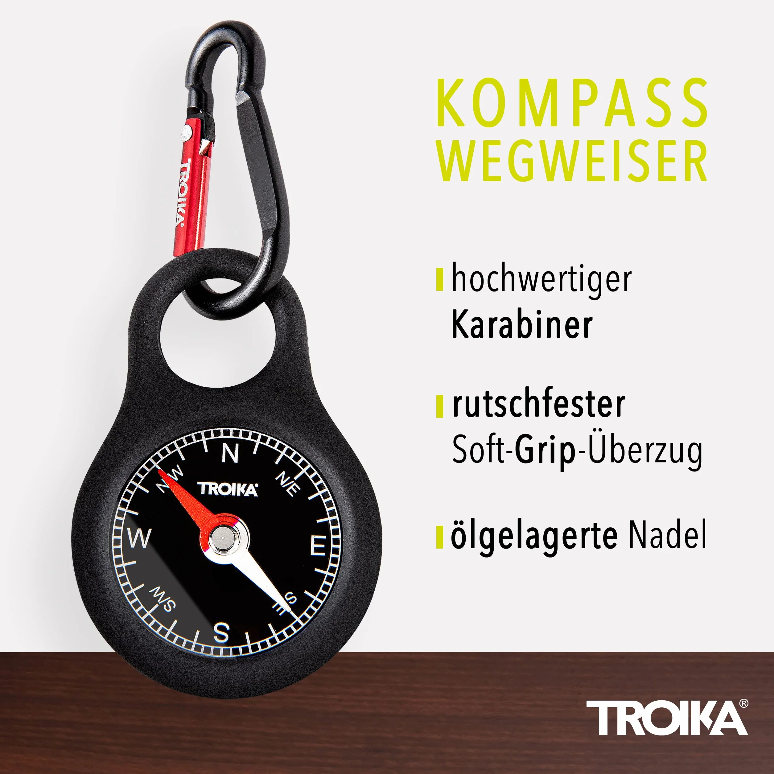 Troika Kompas drogowskaz – COS10/BK – uchwyt na klucze z kompasem i karabińczykiem – czarny – PCW/akryl/silikon – aluminium – oryginalny produkt, czarny, 9,8cm, Nowoczesny