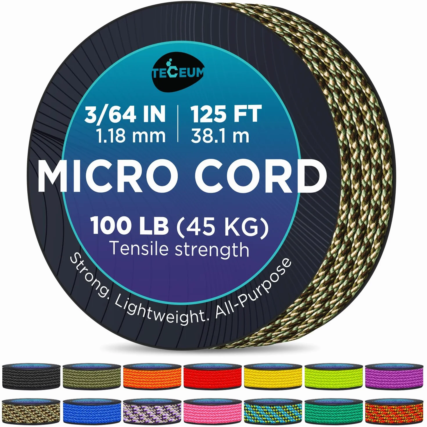 TECEUM Micro Paracord – Camuflaje – 1,18 mm x 100 pies – Micro Utility Cord – Cuerda de Paracord Trenzado Fina Nylon Poliéster – Reemplazo de Campanilla de Viento – Cuerda Fuerte de Supervivencia 788c