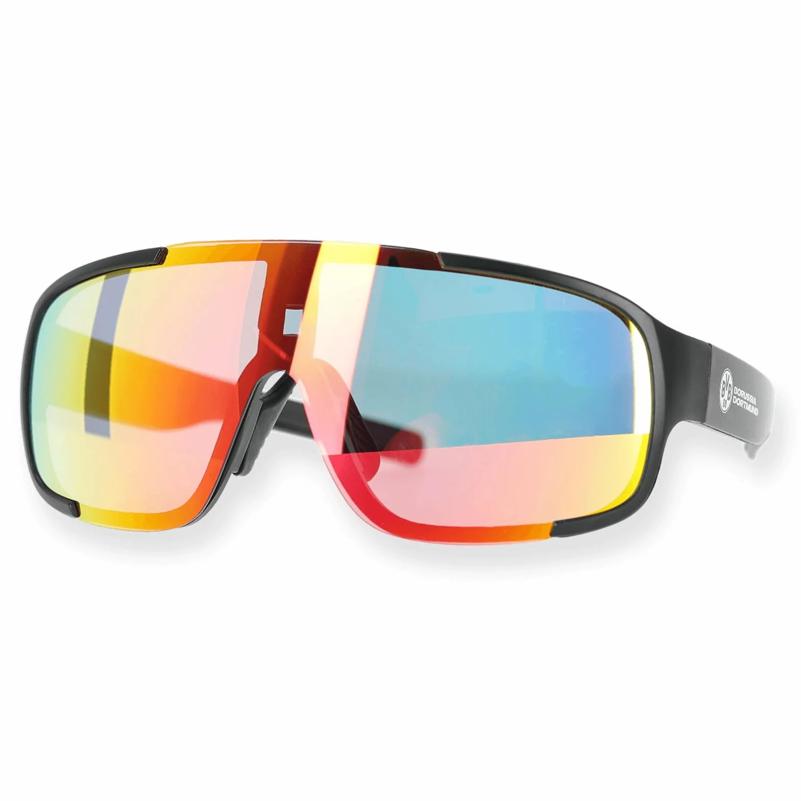 BVB Borussia Dortmund szybkie okulary przeciwsłoneczne, styl sportowy, kolorowe odblaski, logo BVB i napis na zausznikach