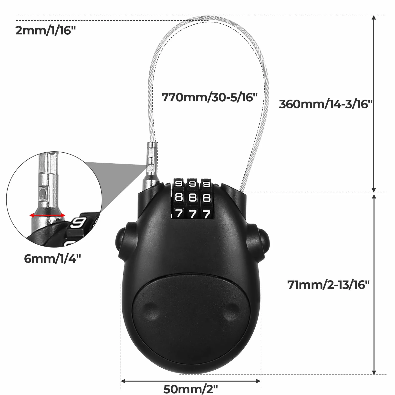 Zamek szyfrowy kabel 77 cm, chowana blokada kablowa do bagażu, walizki, plecaka