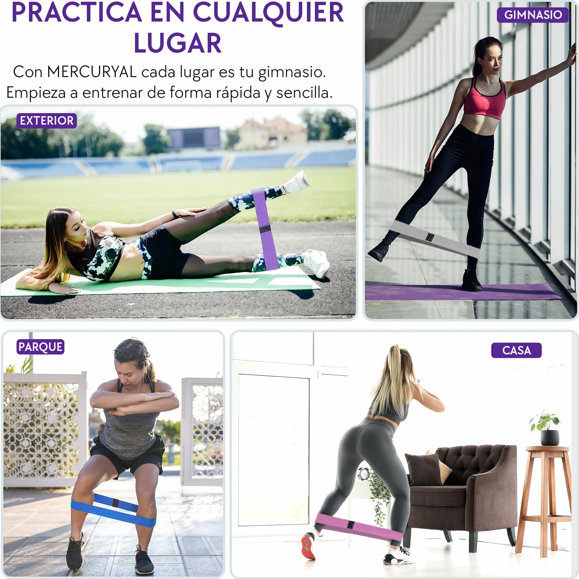 MERCURYAL Zestaw 3-pasmowy Elastic Musculacion - Elastyczne opaski Gluteos - Elastyczne opaski fitness Przeciwpoślizgowe - Paski Gluteum - Elastic Taśmy Musculacion (Różowy, Zielony, Fioletowy)