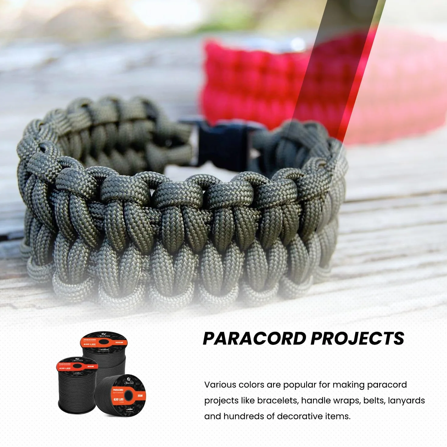Abma Cord Paracord 4mm 15m 100% Nylonowa Sznurek Linka 9-żyłowa Typ III do Biwakowania, Majsterkowania, Zewnątrz, Survivalowy - Max. 280kg (620lb) - Czarny