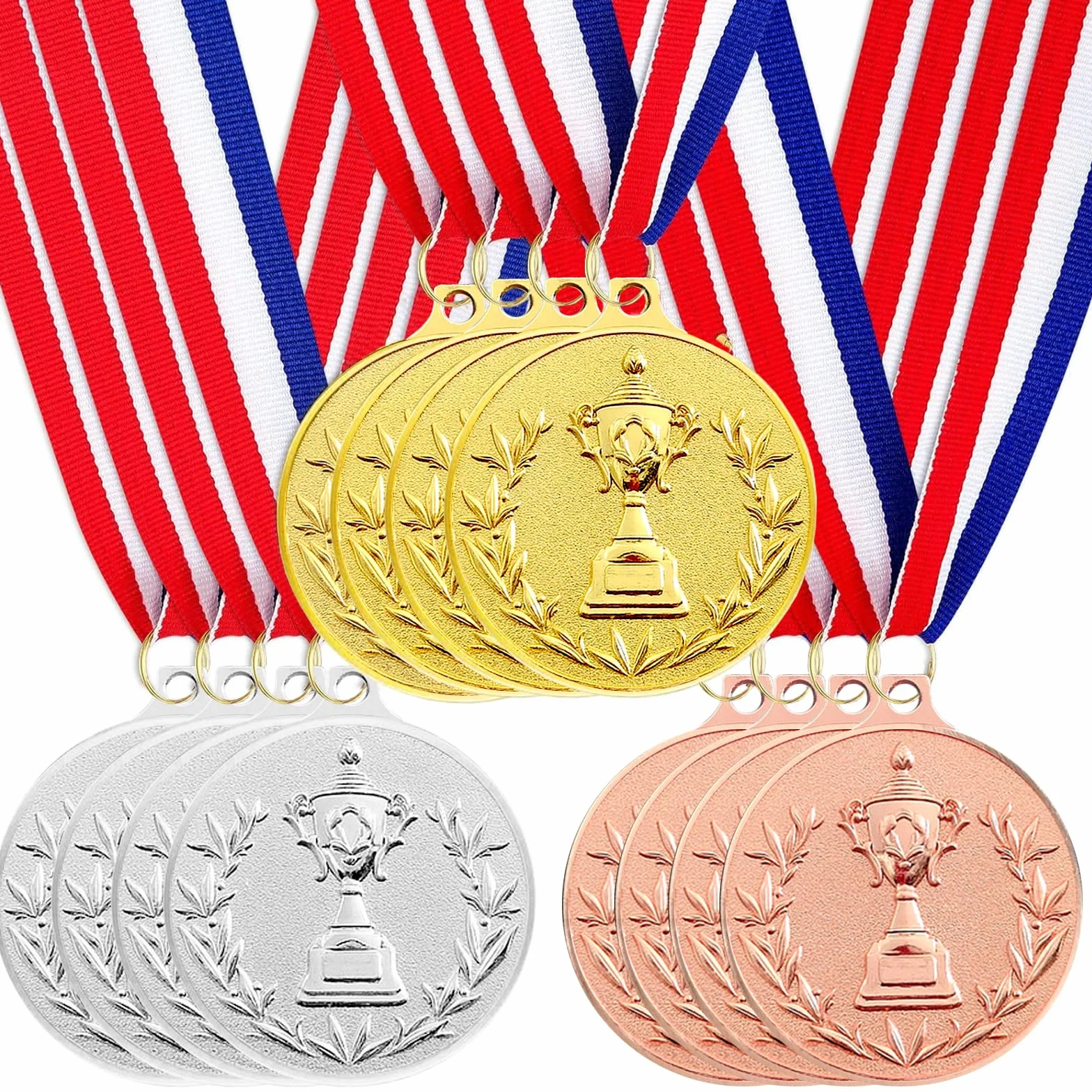 12 medali z nagrodami, złoty medal z brązowym medalem z wstążkami na szyję, do sportu, na zawody, styl olimpijski, średnica ok. 5,0 cm