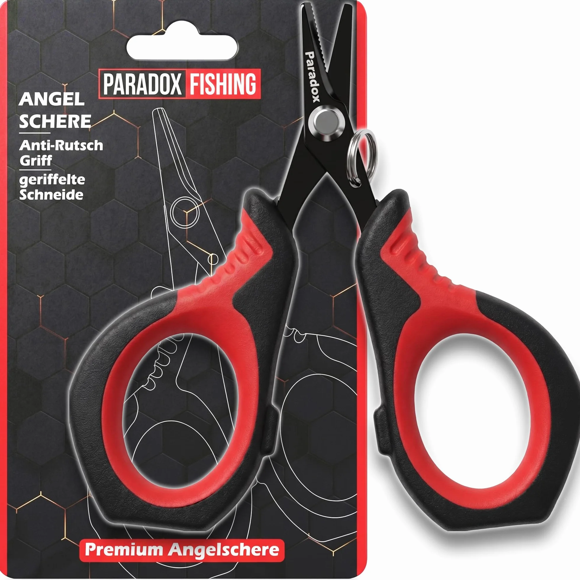 Paradox Fishing Nożyce wędkarskie Premium ze stali węglowej – bardzo ostre nożyce do żyłek z mikroząbkami do plecionych sznurków, stali i mono – kompaktowa konstrukcja (10 cm) w kolorze sygnałowym