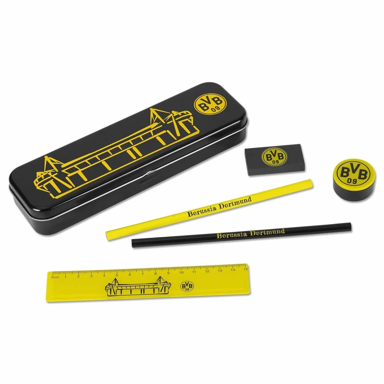 Borussia Dortmund Unisex młodzieżowy zestaw do pisania z metalowym pudełkiem, ekskluzywny zestaw szkolny BVB, czarno-żółty, 21 x 7 x 4 cm