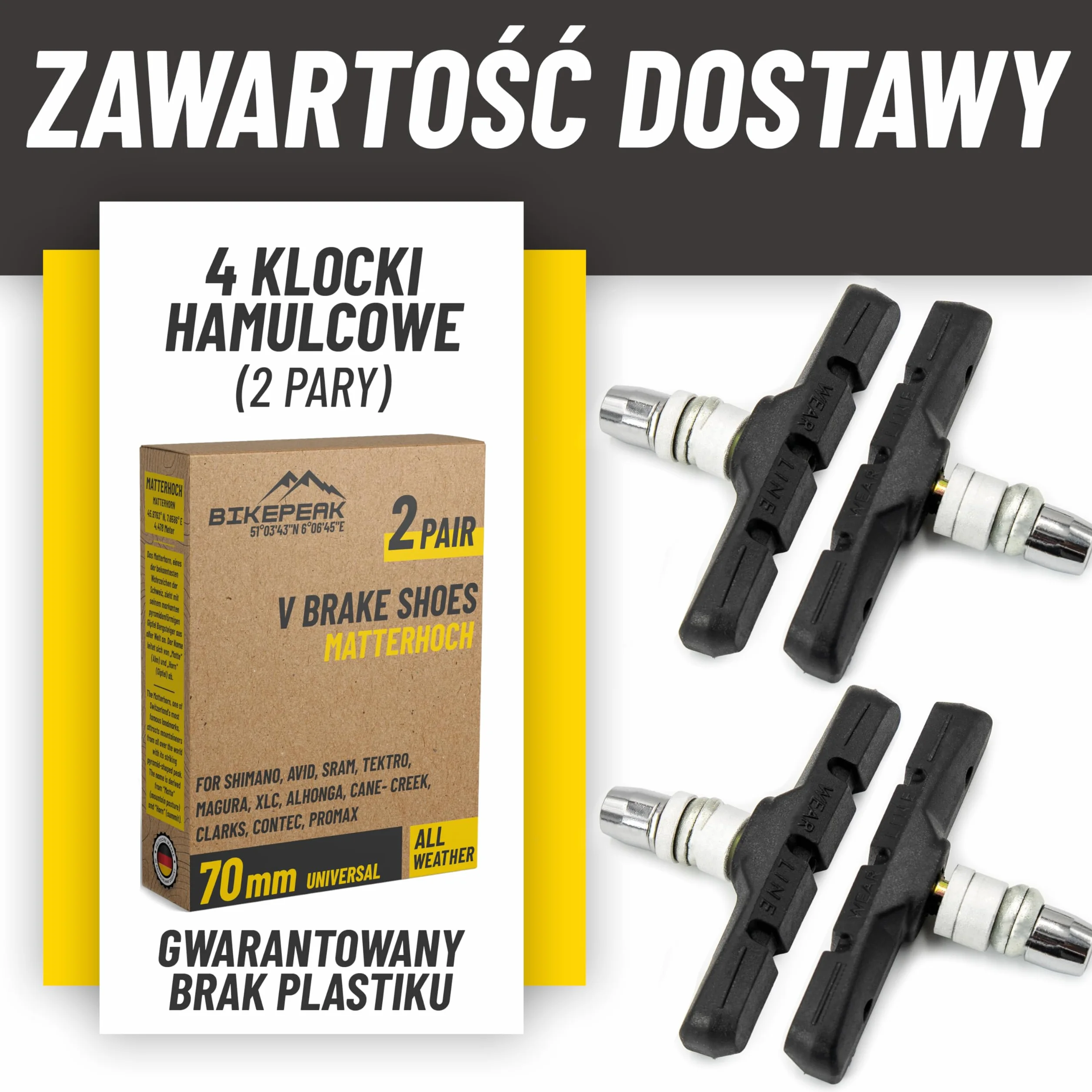 V-Brake Klocki hamulcowe do roweru z przodu i z tyłu – 2 pary szczęk hamulcowych 70 mm – klocki hamulcowe V-brake – kompatybilne z Shimano, Tektro, Magura, itd. – zestaw klocków hamulcowych o
