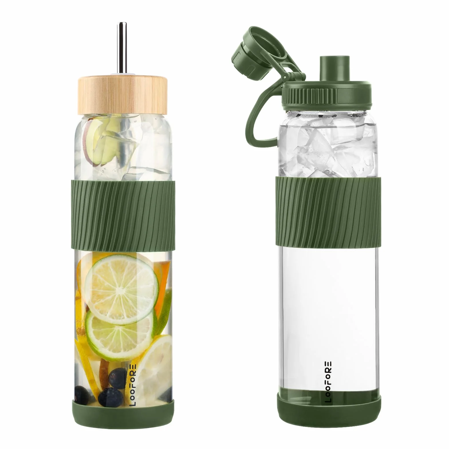 1l, 1000 ml szklana butelka na wodę z 2 pokrywkami – otwierana i bambusowa słomka – sportowy kubek na wodę z uchwytem i silikonowym rękawem, szczelny, do uprawiania sportów na