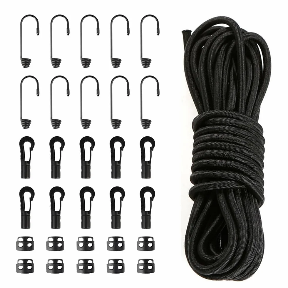 Wielofunkcyjna linka paracord, czarna lina polipropylenowa, 20 m, odporna na zużycie, ze spiralnym hakiem, plastikowym hakiem, klipsem gazowym, kablem spadochronowym, do ogrodu i domu
