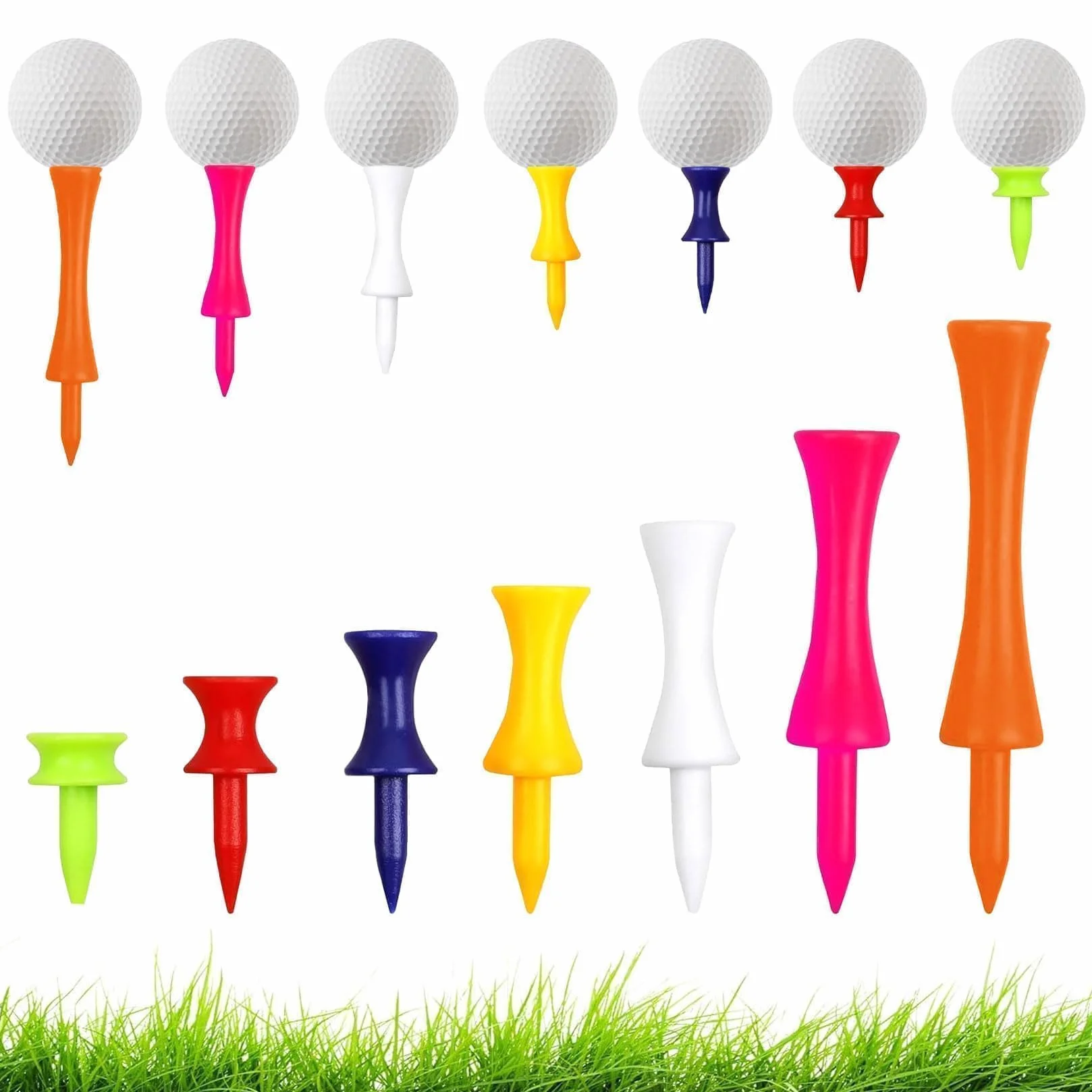 Zestaw 105 sztuk herbat golfowych z tworzywa sztucznego, wielokrotnego użytku, plastikowa herbata Castle dla golfistów, krótkie i długie, 7 kolorów 25/31/37/43/51/59/70 mm